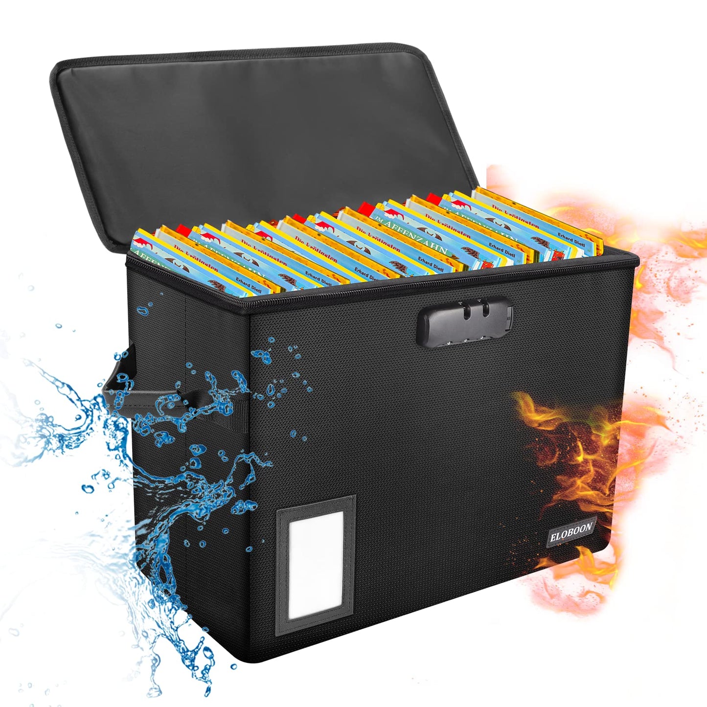 Comic Book Storage Box, ELOBOON Fireproof & Water-Resistant Comic Book Box with Lock and Label Window, Moistureproof Comic Short Box with Fire Zipper, Comic Book Bin with Non-Slip Bottom, Black