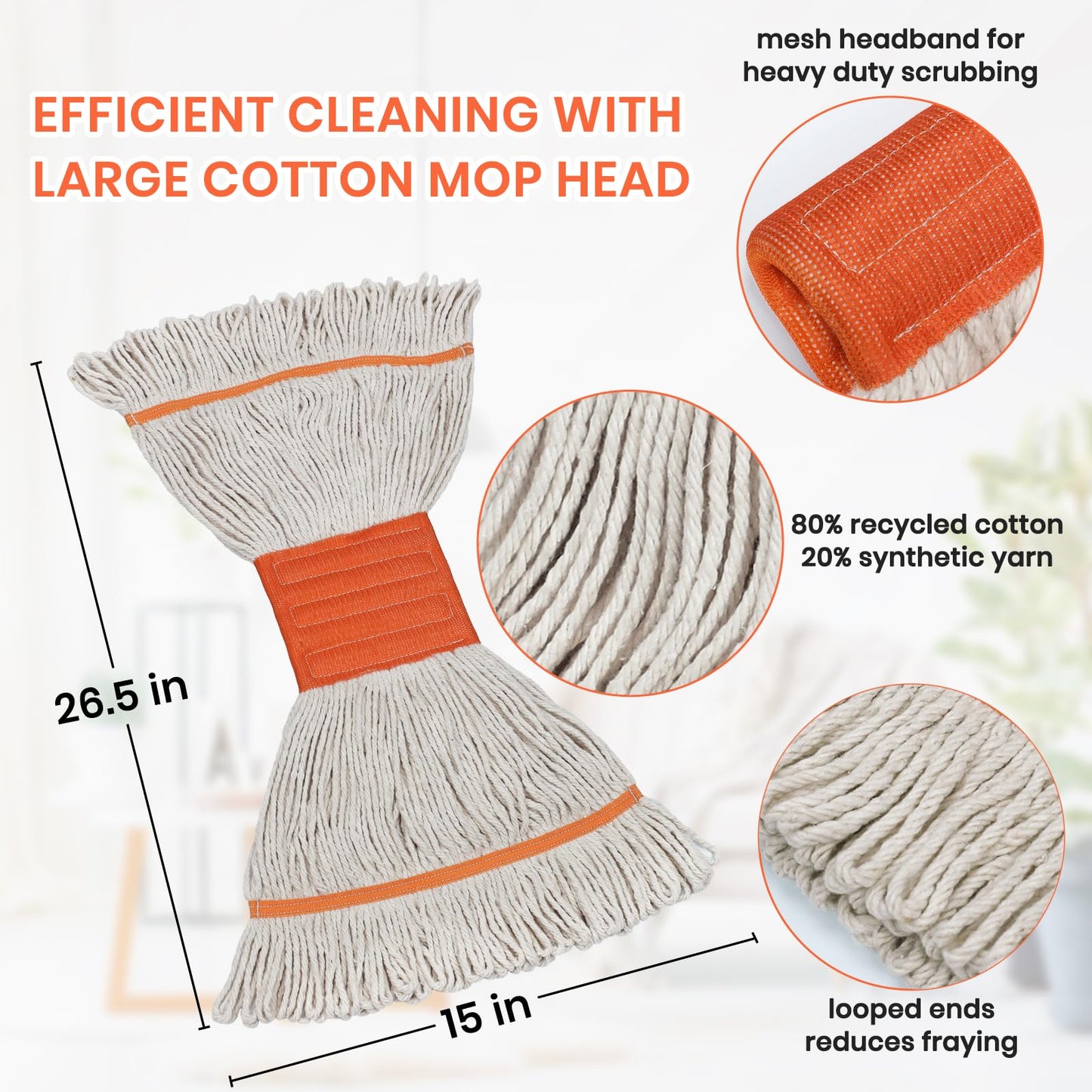 Commercial Mop, 58" Heavy Duty Industrial Mops for Floor Cleaning, String Cotton Mops Wet Mop Professional Janitor Mop for Home,Garage,Office, Workshop, Warehouse-Safety Orange