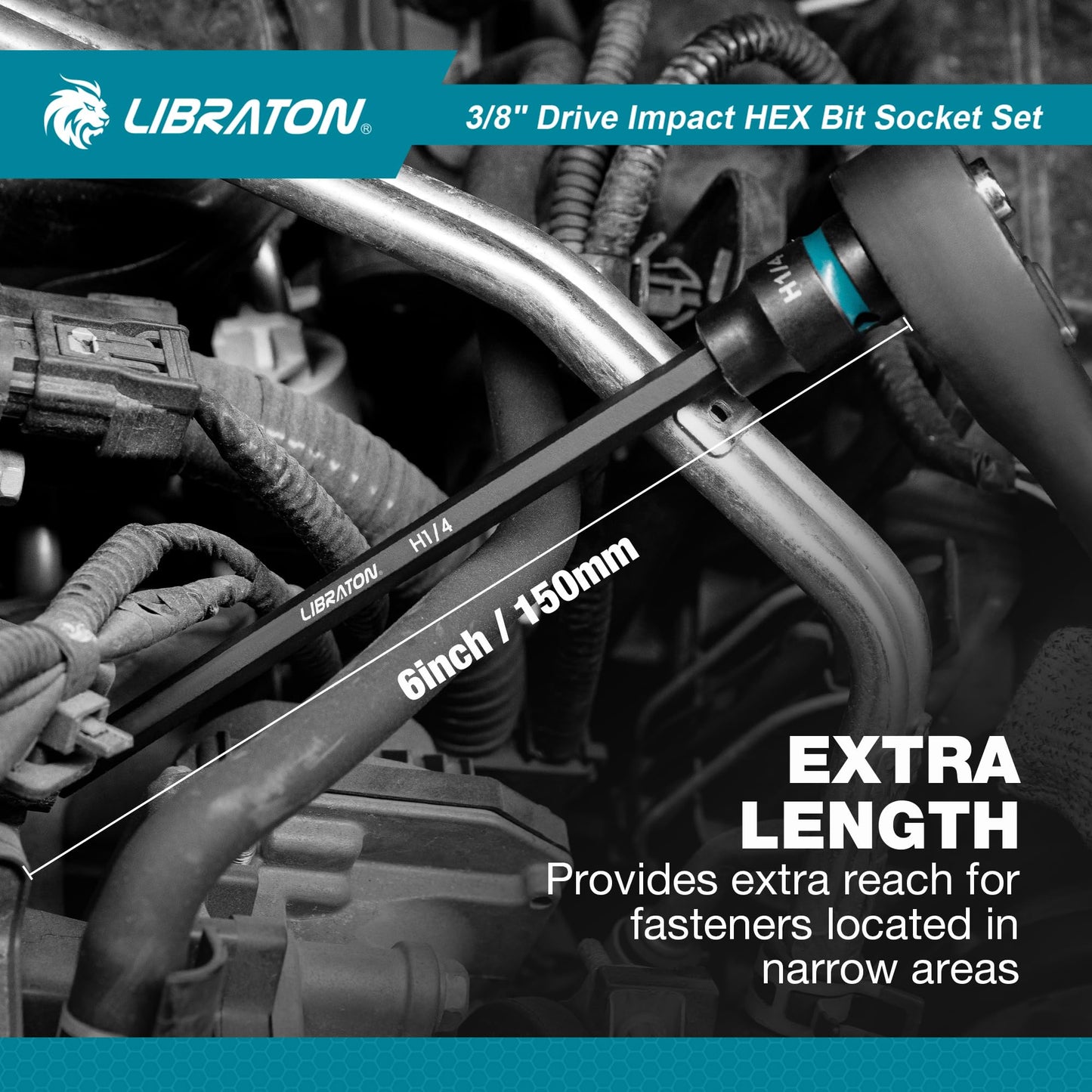 LIBRATON 3/8" Drive Long Impact Hex Bit Socket Set, Allen Bit Sockets, S2 Steel Hex Head Sockets, 20PCS Allen Wrench Socket, SAE&Metric Allen Bit Socket Set, 6" Long Allen Key Sockets, Blow Molded Box