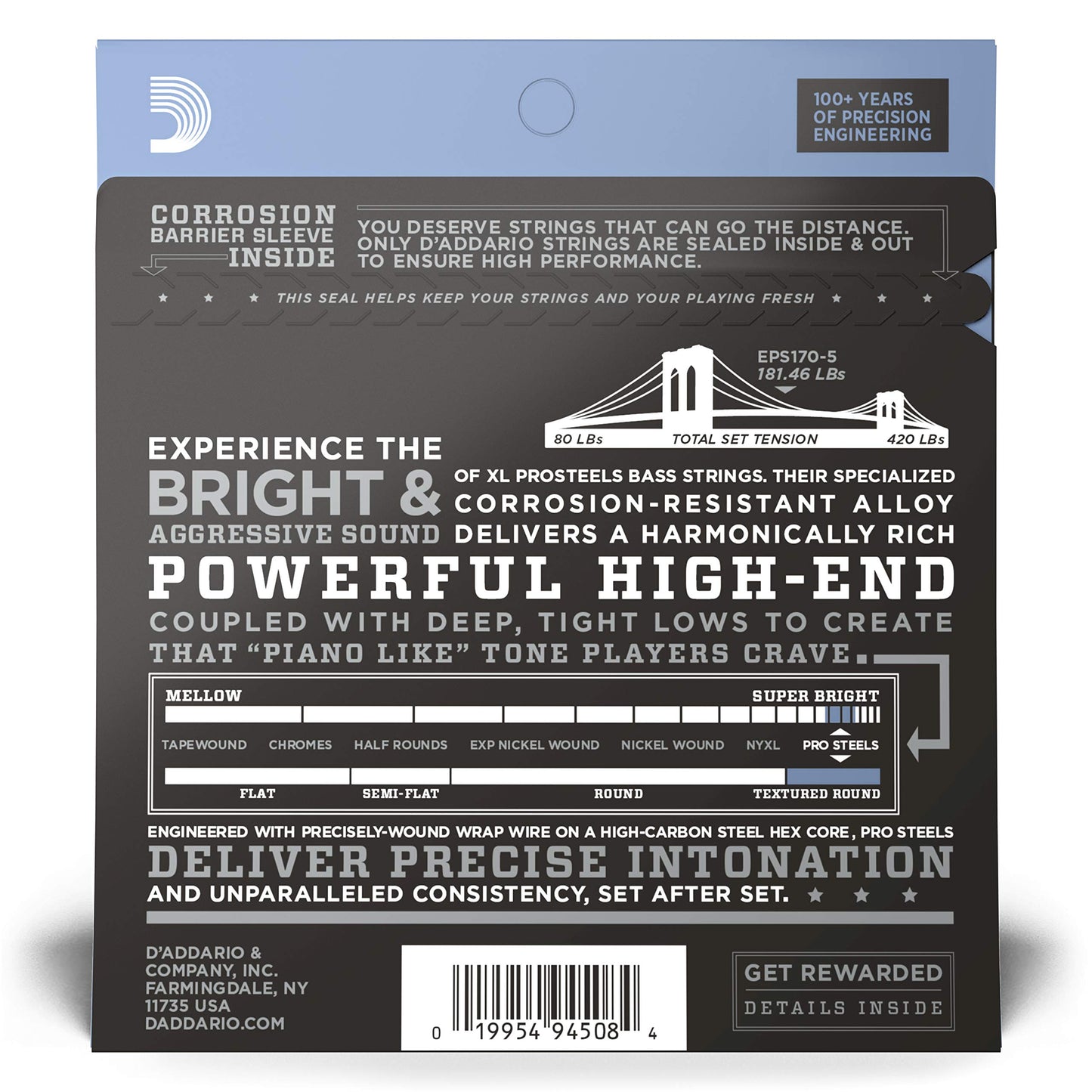 D'Addario EPS170-5 5-String ProSteels Bass Guitar Strings, Light, 45-130, Long Scale