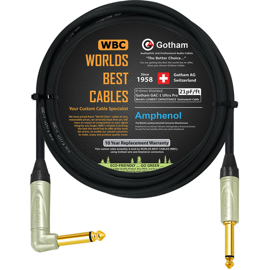 15 Foot - Gotham GAC-1 Ultra Pro (Black) - Premium, Low-Capacitance (21 pf/F) Guitar Bass Instrument Cable - Amphenol QM2R-AU & QM2P-AU ¼ Inch (6.35mm) Gold TS Connectors