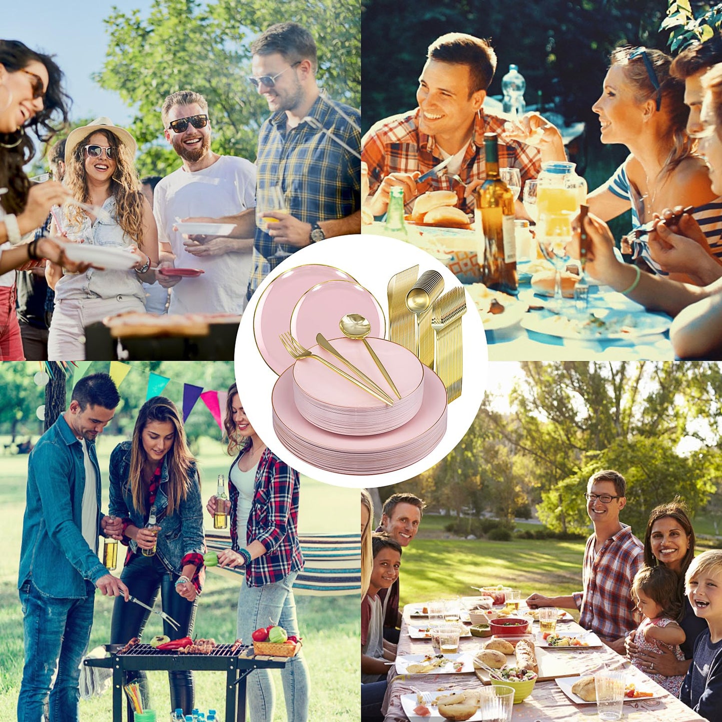 150Pcs Plastic Disposable Plates Set, Plastic Dinnerware Disposable Party Plates Set with Gold Rim for 30 Guests, Include: 30Pcs Dinner Plates, 30Pcs Dessert Plates, 90Pcs Gold Cutlery(Pink)