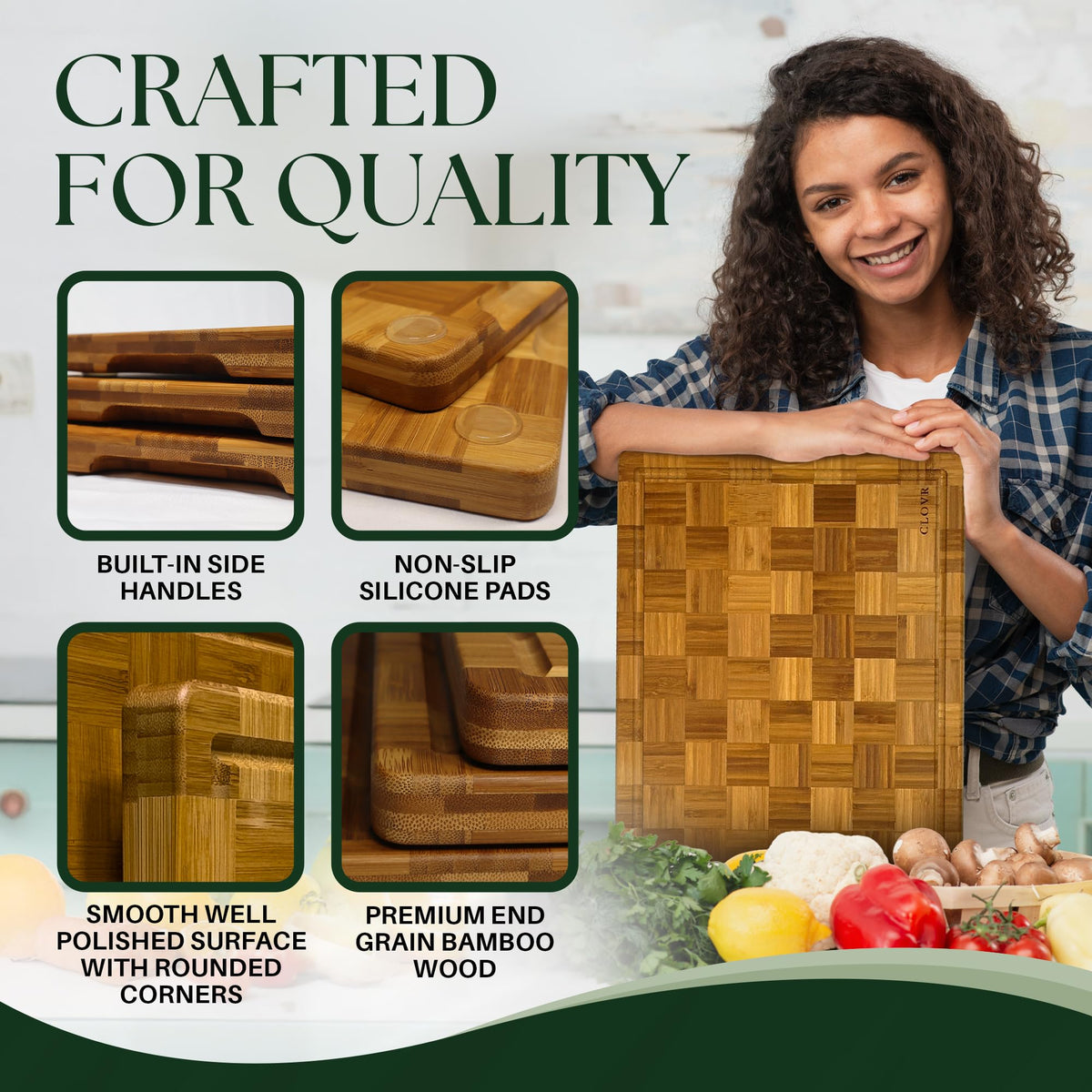 CLOVR End Grain Bamboo Cutting Board Set of 3 – Pre-Oiled Wood Cutting Boards for Kitchen with Handles, Juice Grooves & Non-Slip Pads – Small, Medium & Large Chopping Boards for Meat & Charcuterie