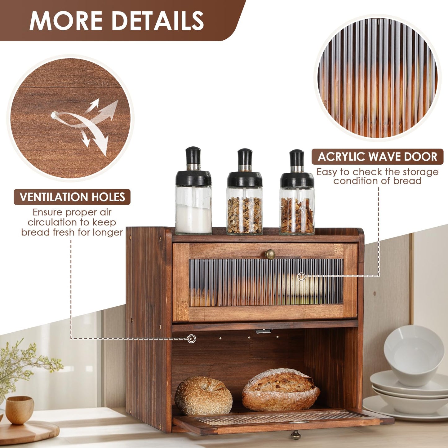 Sunhoo Bread Box for Countertop Bread Storage Bin Container Double Layer Extra Large Kitchen Counter Wood Breadbox Saver Keeper Vintage with Acrylic Window Easy to Assemble Boîte à Pain (Brown)