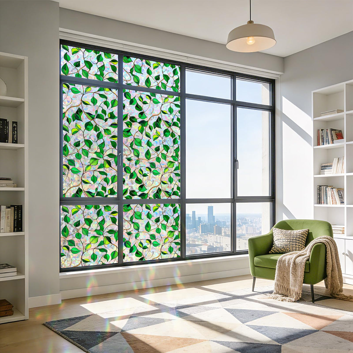 NINETREX Window Privacy Film with Installation Tools, No Glue Stained Glass Static Cling Window Tint 3D Decorative Frosted Leaf Pattern for Door and Home Decor 60 X 200cm