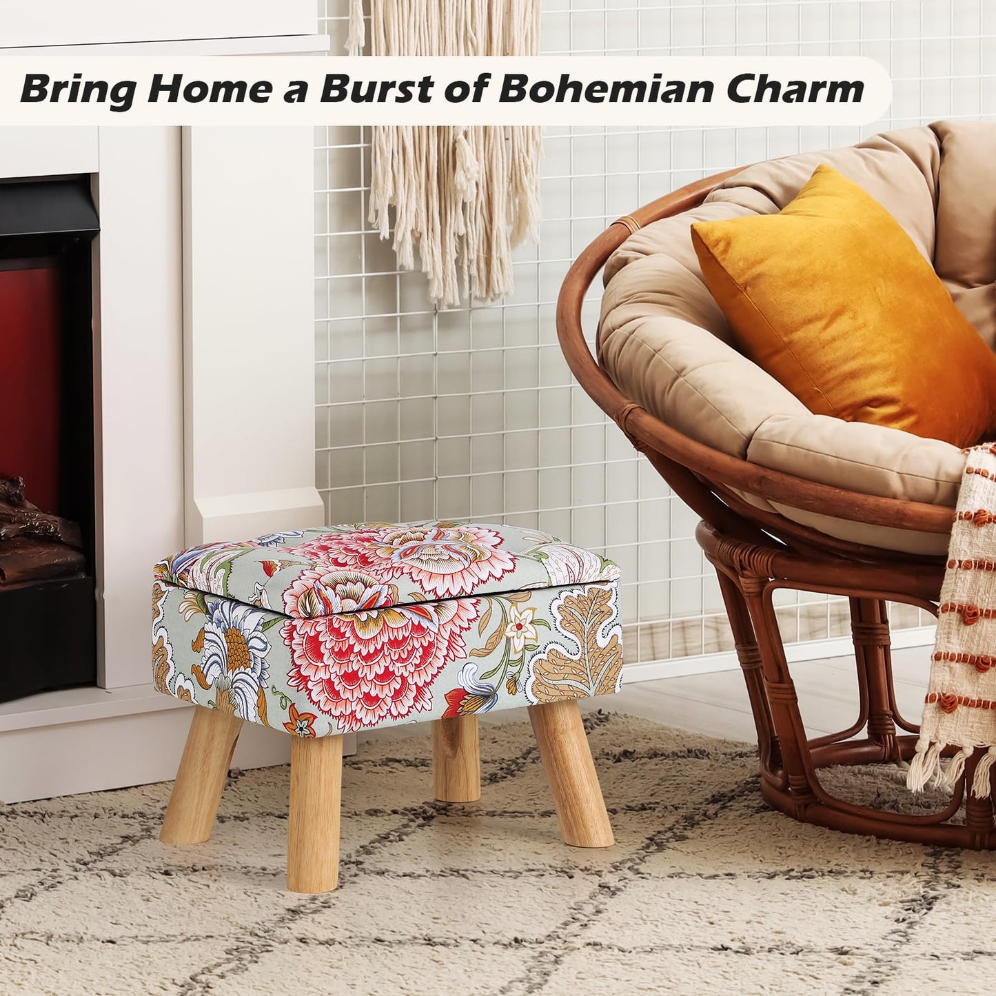 Square Ottoman with Storage Versatile Foot Stool Ottoman Boho Foot Rest with Wood Legs Small Footstools and Ottomans for Living Room and Entryway