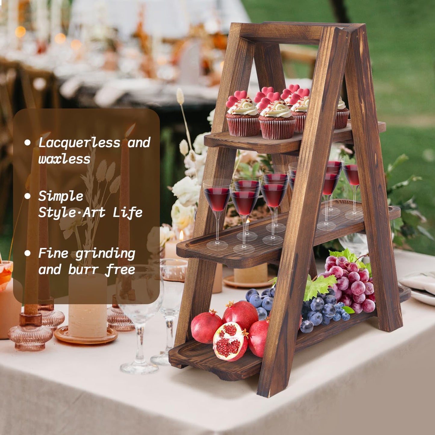 bimiti Wooden Double Dessert Table Display Set Rack 3 Tier Serving Tray Solid Wood Ladder Stand Wedding Cupcake Stand Dark Walnut Decorative Tray for Cake Snack Fruit Chips Bread Centerpieces