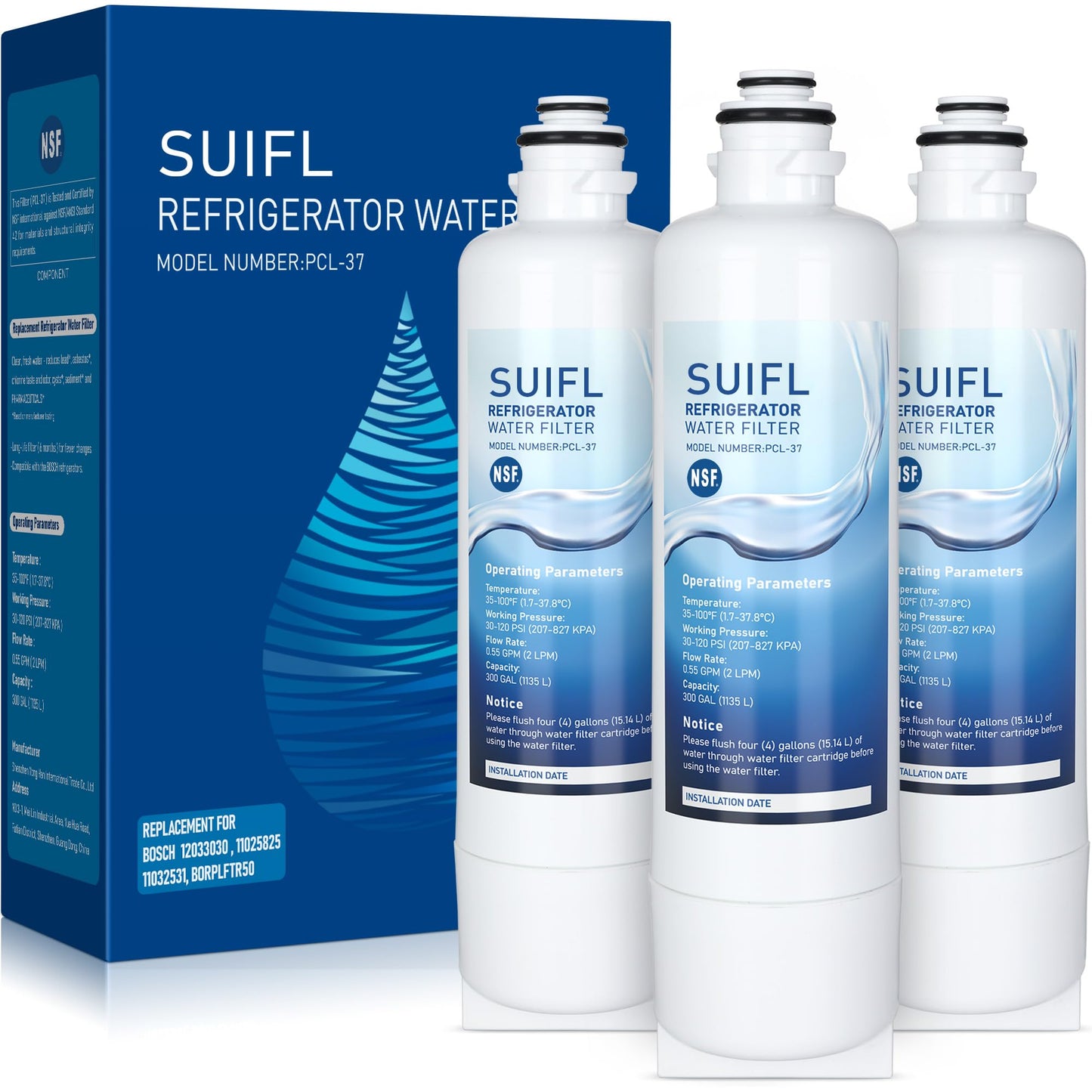Suifl BORPLFTR55 Water Filter Replacement, Compatible with Bosch Ultra Clarity Pro BORPLFTR50, Bosch B36FD50SNS, B36CD50SNS, B36CD52SNS, B36CD52SNB, B36FD52SNB, B36FD52SNS, 3 Pack