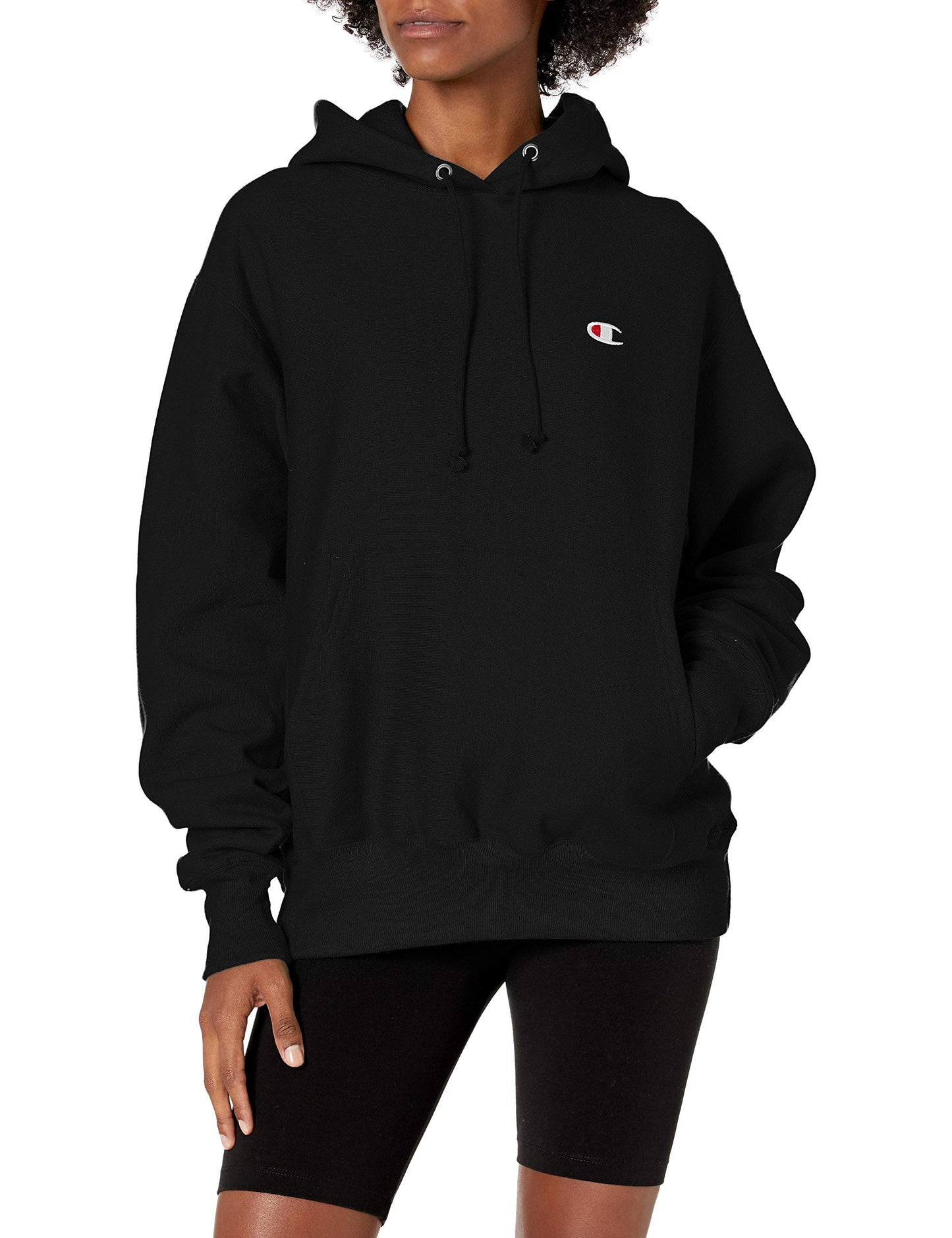 Champion Women's Hoodie, Reverse Weave, Heavyweight, Fleece Sweatshirt for Men and Women, Black Left Chest C, Small