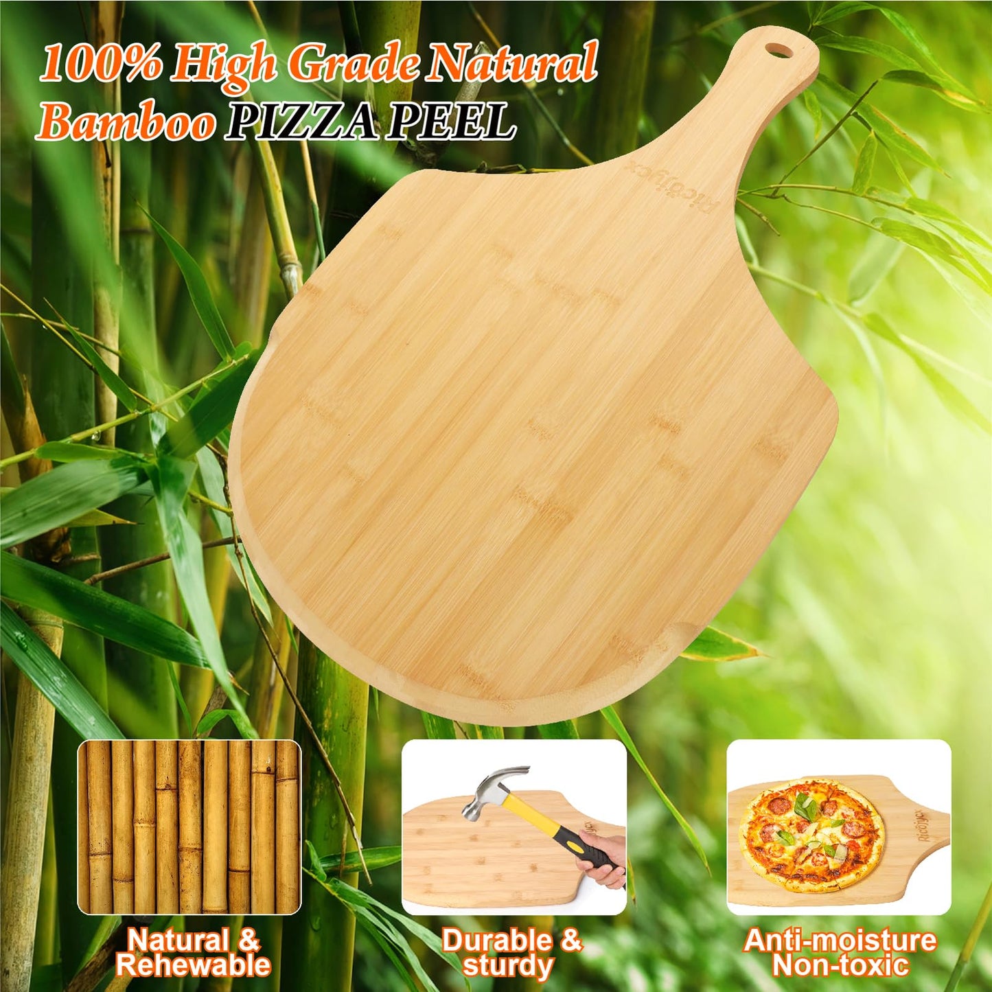 RICOJYCX 2 Pack Natural Bamboo Pizza Peel 16 inch, Wood Pizza Paddle, Cutting Board with Handle for Pizza, Bread, Cheese, Vegetable, Fruits