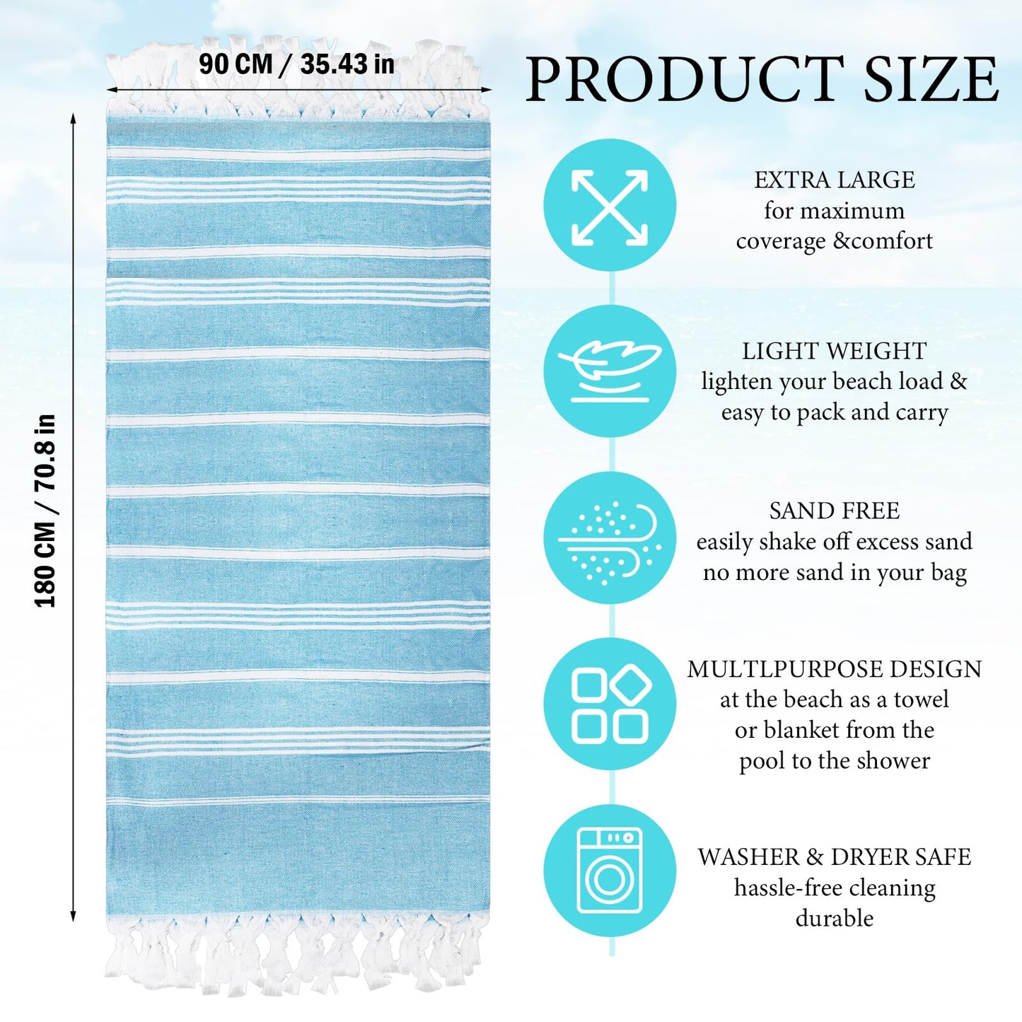6 Pcs Turkish Beach Towels Quick Dry Cotton Lightweight Thin Bathroom Bath Pool Towels Large Oversized Sand Free Beach Towel for Women Travel,71” x 35”