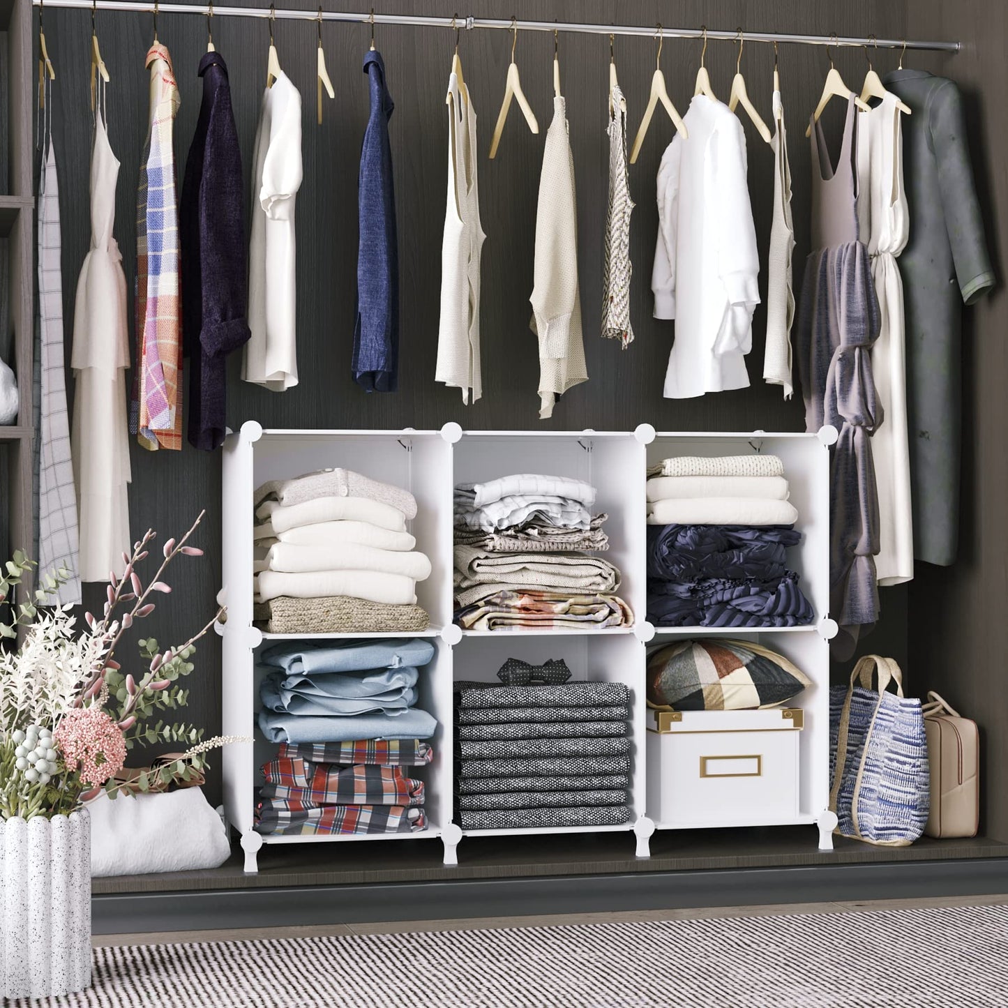 AWTATOS Cube Storage Organizer, Storage Cubes Shelves Bookshelf, 6 Cube Closet Organizers and Storage, DIY Stackable Plastic Clothes Organizer Shelving for Bedroom, Home Office, White