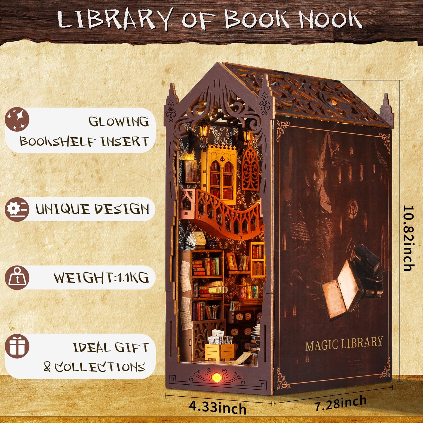 DIY Book Nook Kit: 3D Wooden Puzzle Shelf Insert with LED Light - Miniature Dollhouse Bookend Decor for Adults and Teens - Creative Gift,Not Including Glue (Style A)