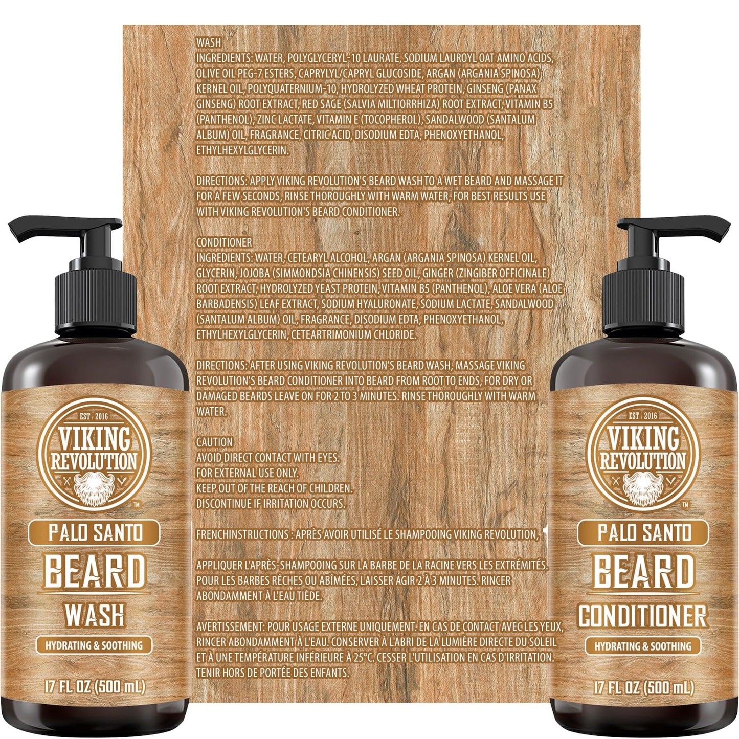 Viking Revolution - Beard Wash & Beard Conditioner Set With Argan & Jojoba Oil - Softens & Strengthens - Beard Shampoo & Conditioner - Palo Santo - 500 ml x 2