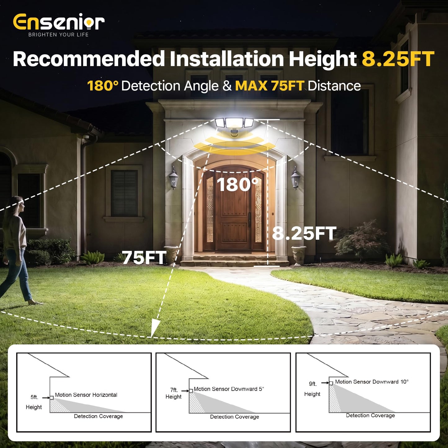 Ensenior 5 Motion Sensor Modes Solar Security Light, 1800LM 270° Wide Angle 3 Heads LED Flood Lights, IP65 Waterproof Wall Lights, Separate Solar Panel Remote Control Solar Lights Outdoor（Black）