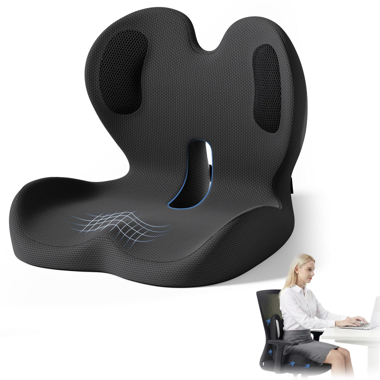 Ergonomic Seat Cushion,Memory Foam Cushion for Office Chair,Non Slip Car Seat Cushion,Designed for Long Sitting,Tailbone,Back Pain Relief,for Office,Home,Car Drivers,Desk Chair