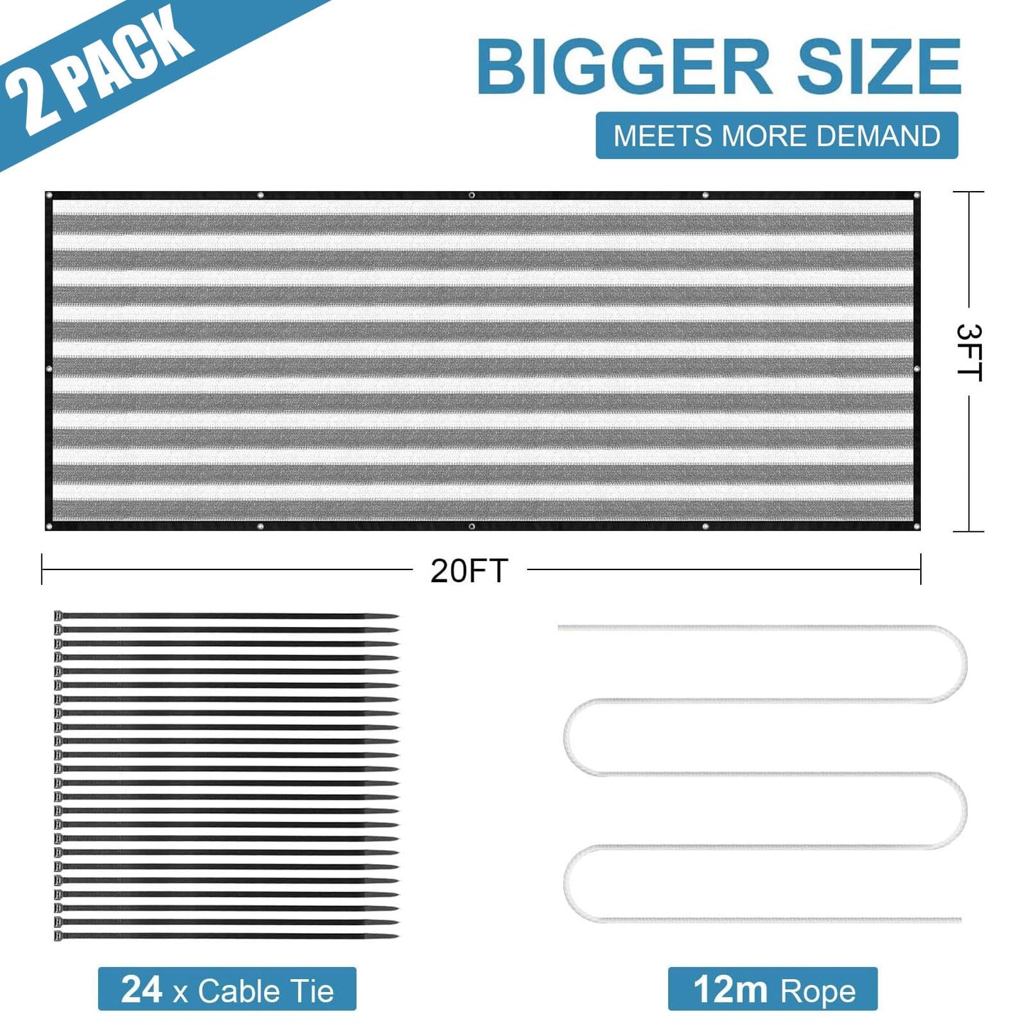 Balcony Privacy Screen 3.0ft x 20ft 2 Pack, Heavy Duty UV Protection Heat Resistant Privacy Curtain for Balcony, Outdoor Privacy Screen with Cable Ties and Rope for Home, Balcony, Garden, Grey White