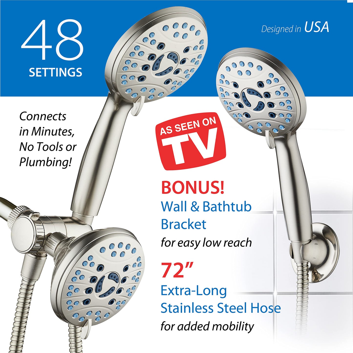 AquaCare As-Seen-On-TV High Pressure 48-setting Rain & Handheld 3-way Shower Head Combo - Anti-clog Nozzles/Tub, Tile & Pet Power Wash/Extra Long 6 ft. Stainless Steel Hose/Satin Nickel Finish