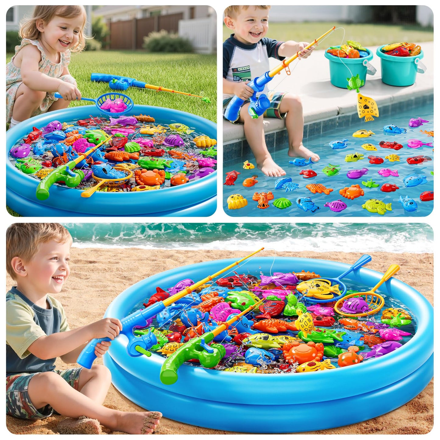 KIZONLY Magnetic Fishing Game for Kids 3-5 4-8 - Fish Toys for Kids 3-5, Bathtub Floating Fishing Pole, Water Table Pool, Rod Net and Pail, Bath Outdoor Gifts for Toddlers Age 3 4 5 6 7 8 Year Old