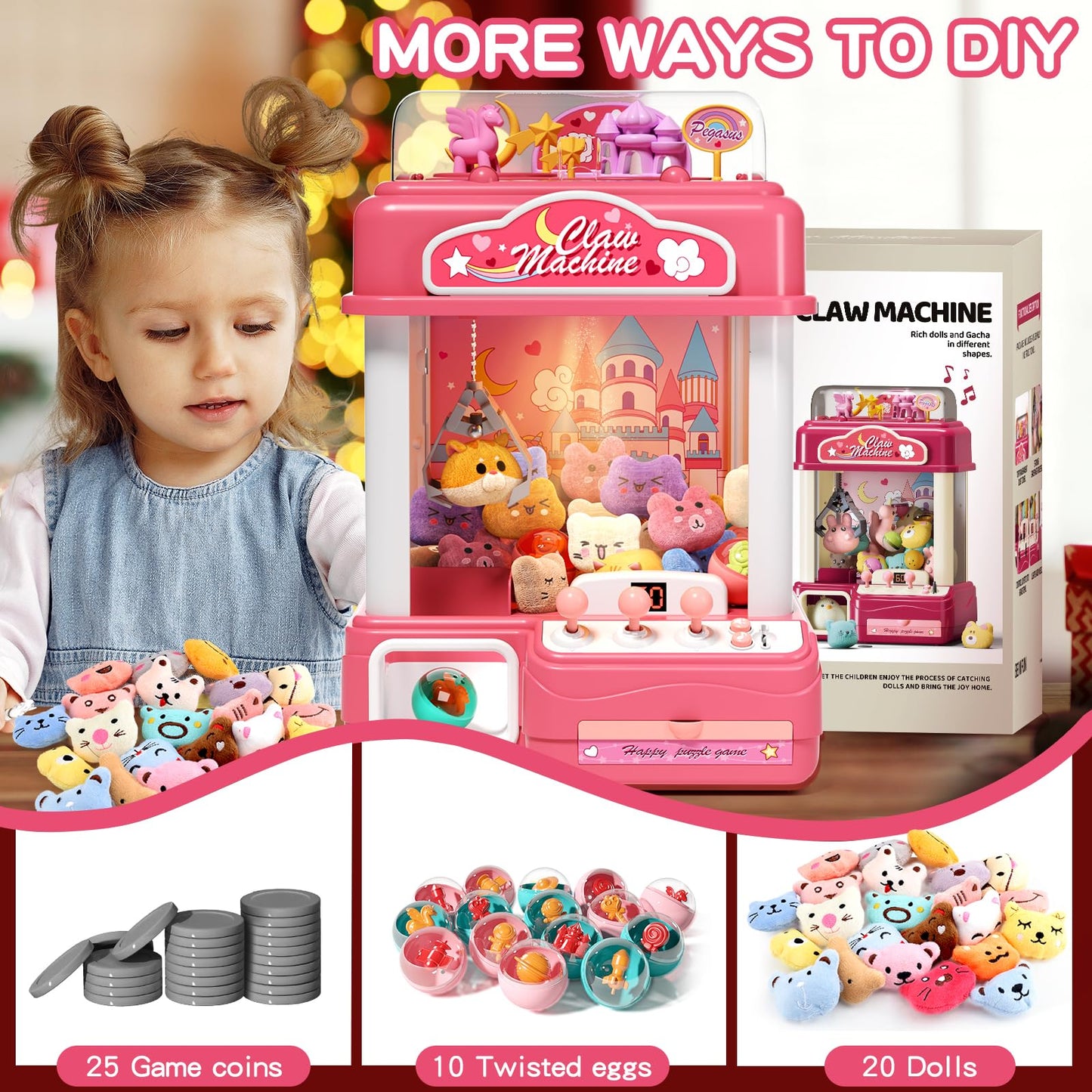 AIQI Kids Claw Machine, Large Candy Vending Grabber, Prize Dispenser Toys for Girls and Boys, Electronic Claw Game Machine for Party Birthdays with Lights Sound, Includes 30 Toys and 25 Game Coins