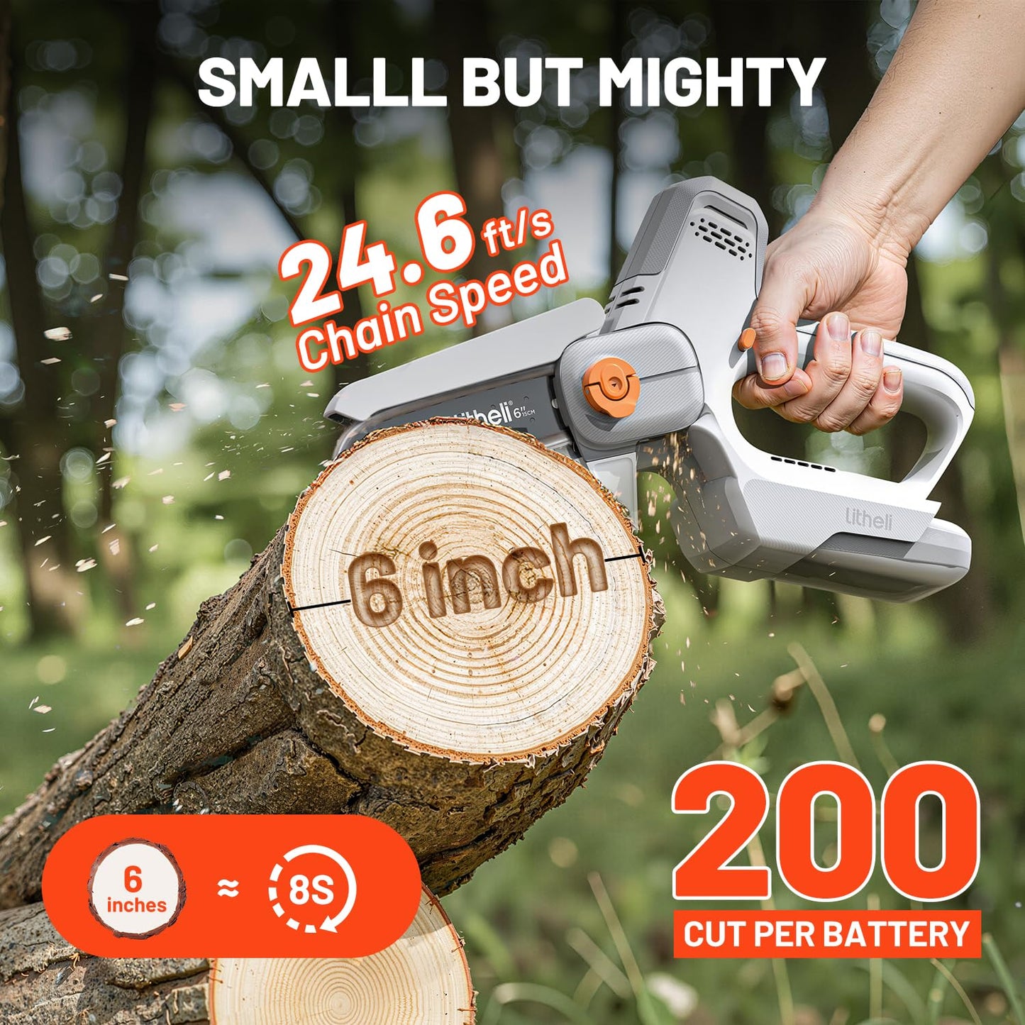 Litheli 20V 2.0Ah Battery Powered 6-Inch Mini Chainsaw Cordless, 300W Handheld Electric Chainsaw with 24.6ft/s Chain Speed, Small Portable Pruning Saw for Tree Trimming, Branch Cutting & Yard Work