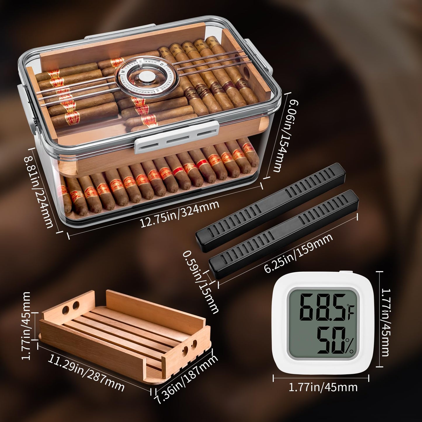 CIGARLOONG Cigar Humidor Large with Cedar Shelves,2 Humidifiers and Hygrometer Storage for 100 Cigars Partition Clear Airtight Cigar Humidor