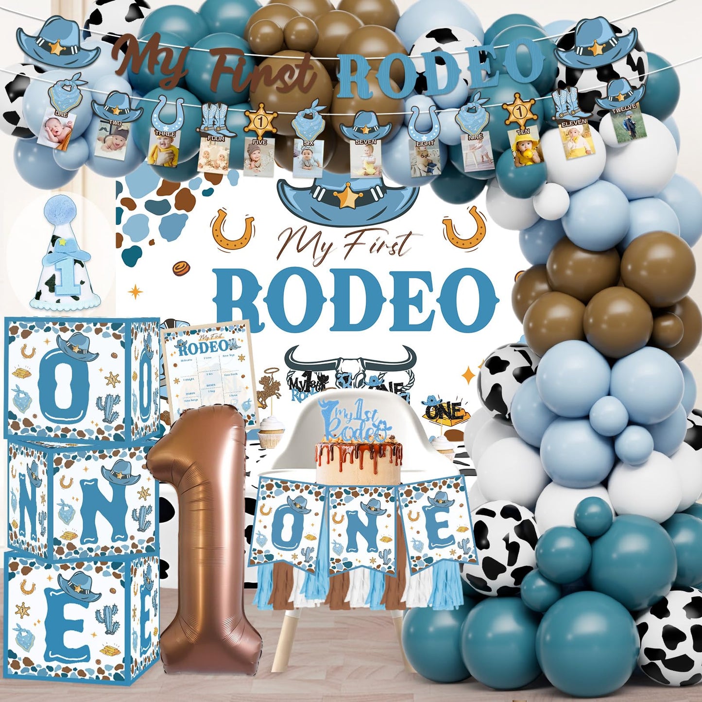 My First Rodeo Decorations Boy, Cowboy 1st Birthday Party Decorations, Cowboy Balloon Arch Kit Western Party Supplies Backdrop Tablecloth Photo Banner for 1st Rodeo Birthday Party Decor Boy