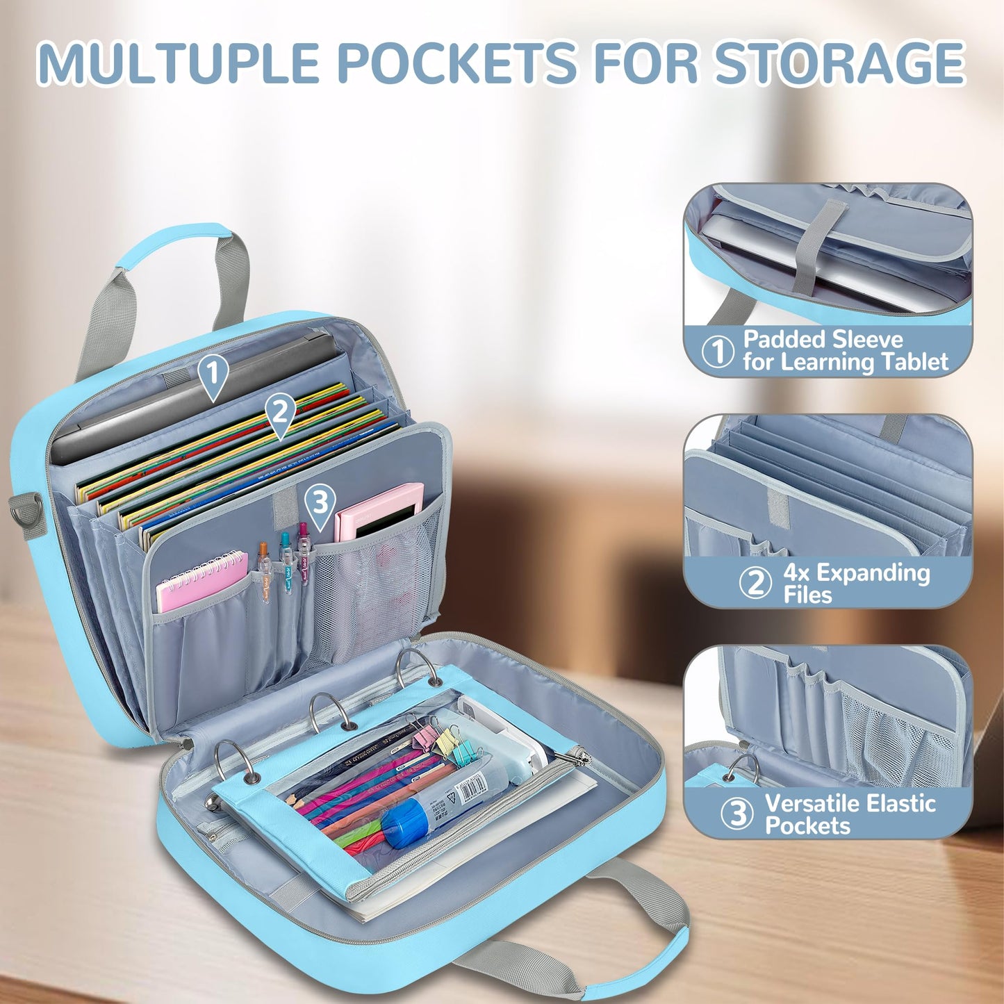 Yarwo 3 Ring Zipper Binder with Binder Pencil Pouch, Expanding File Organizer with Padded Sleeve Fit for 14 Inch Laptop, Portable Document Organizer Bag for Home, College, Office Supplies, Blue