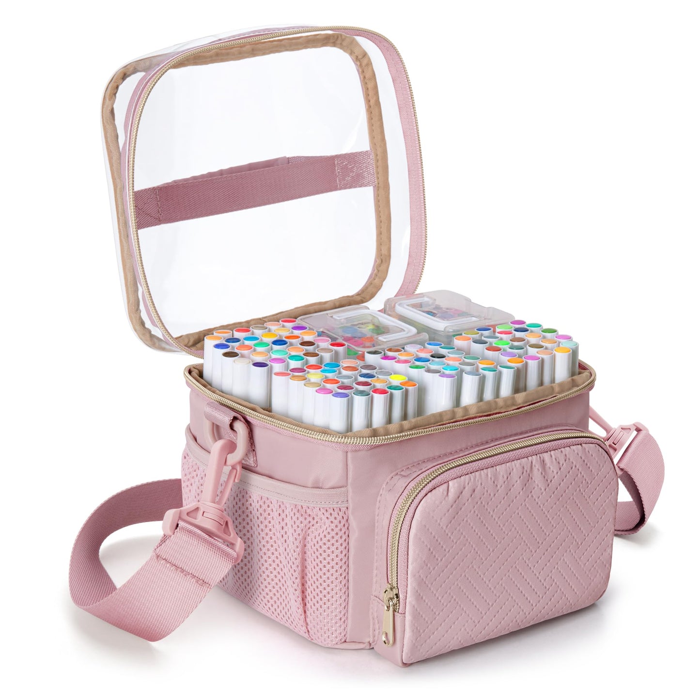 Rexmica Markers Organizer Case for 100 Markers, Markers Storage Organizer Bag with Divider and Shoulder Strap, Marker Pen Travel Carrying Case with 3 Pockets, Pink (Patented Design)