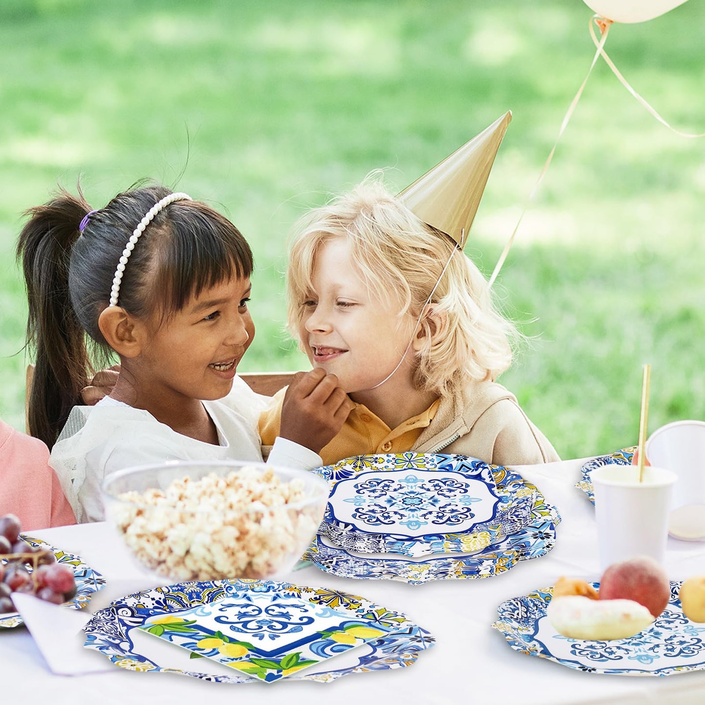 Whaline 96Pcs Capri Lemon Tableware Set Blue Tiles Yellow Lemon Disposable Dinnerware 24 10'' Plates 24 7'' Plates 24 Napkins 24 9oz Cups for Summer Birthday Party, Serves 24