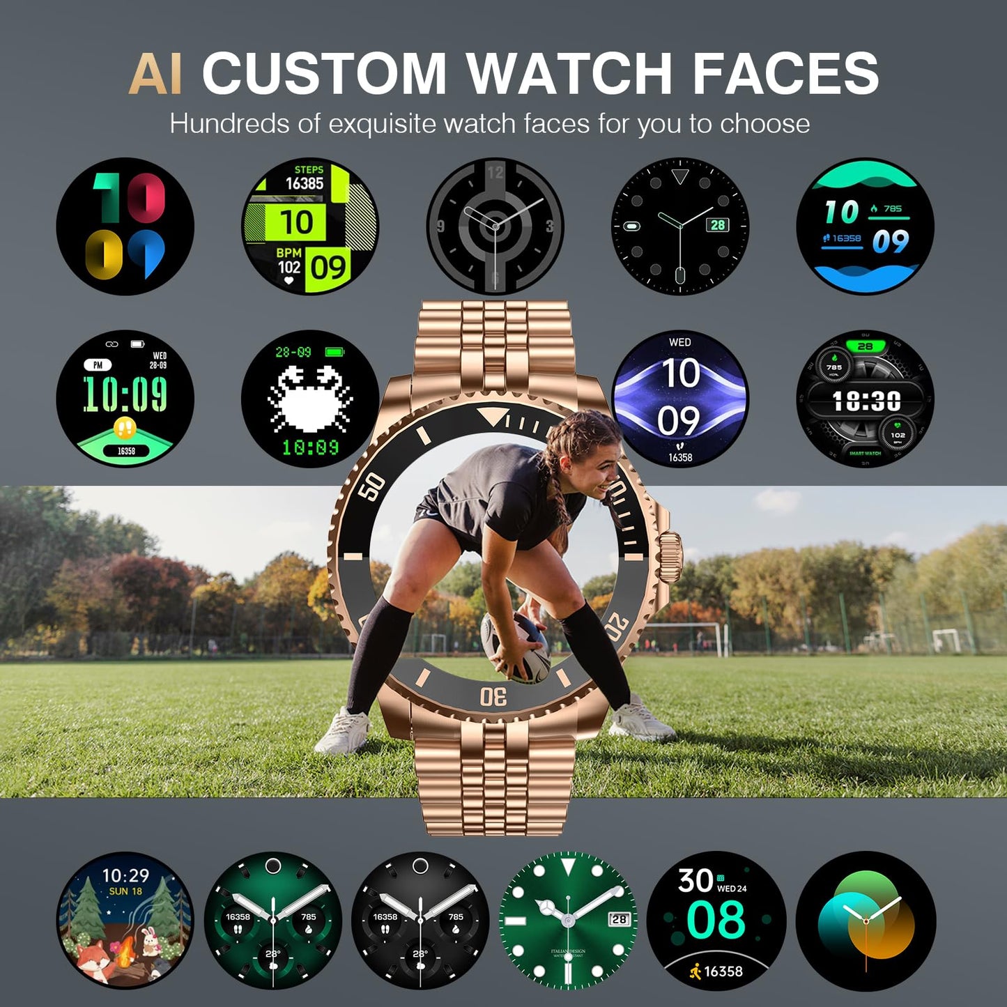 2025 DA GPT Smart Watch, Deep Search, Heart Rate, Stress, Blood Oxygen, Sleep Monitor, 107 Sports Modes, Waterproof Round Watch, 1.19-inch AMOLED Display, Compatible Android and iOS Gold Metal