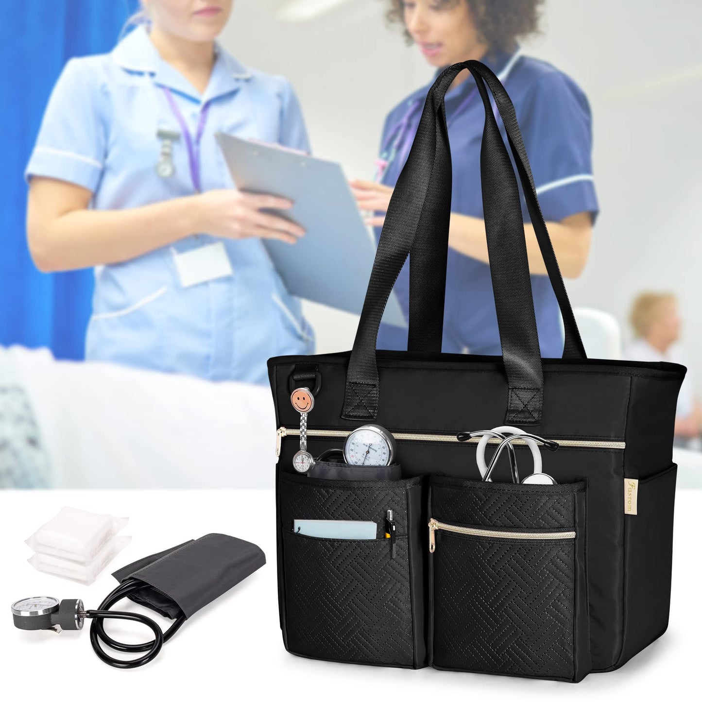 Fasrom Nurse Tote Bag for Work Nurses with Laptop Sleeve, Home Health Clinical Bag for Nursing Students and Medical Assistant, Black (Patent Design)