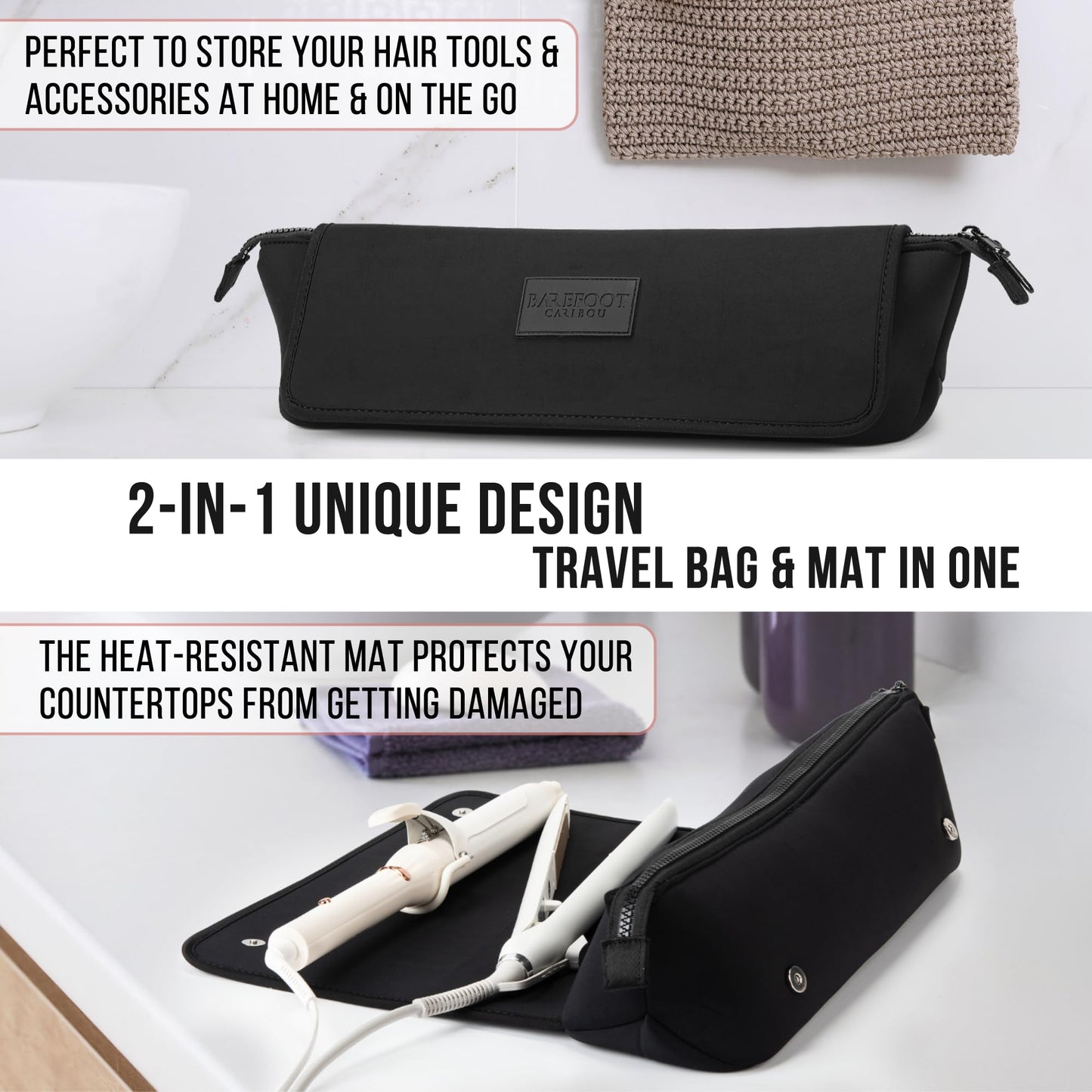 BAREFOOT CARIBOU Hair Tools Travel Bag and Heat Resistant Mat for Flat Irons, Straighteners, Curling Iron, and Haircare Accessories, 2-in-1 Design, with Interior Pockets, Portable Organizer (Black)