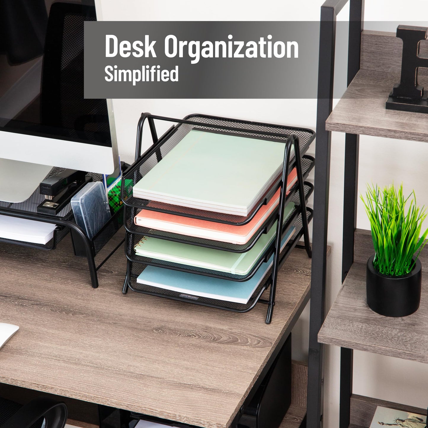 Mind Reader 4-Tier Paper Tray Organizer, Desktop File Sorter with Handle, Document Storage, Slide-Out Trays, Metal Mesh, Black