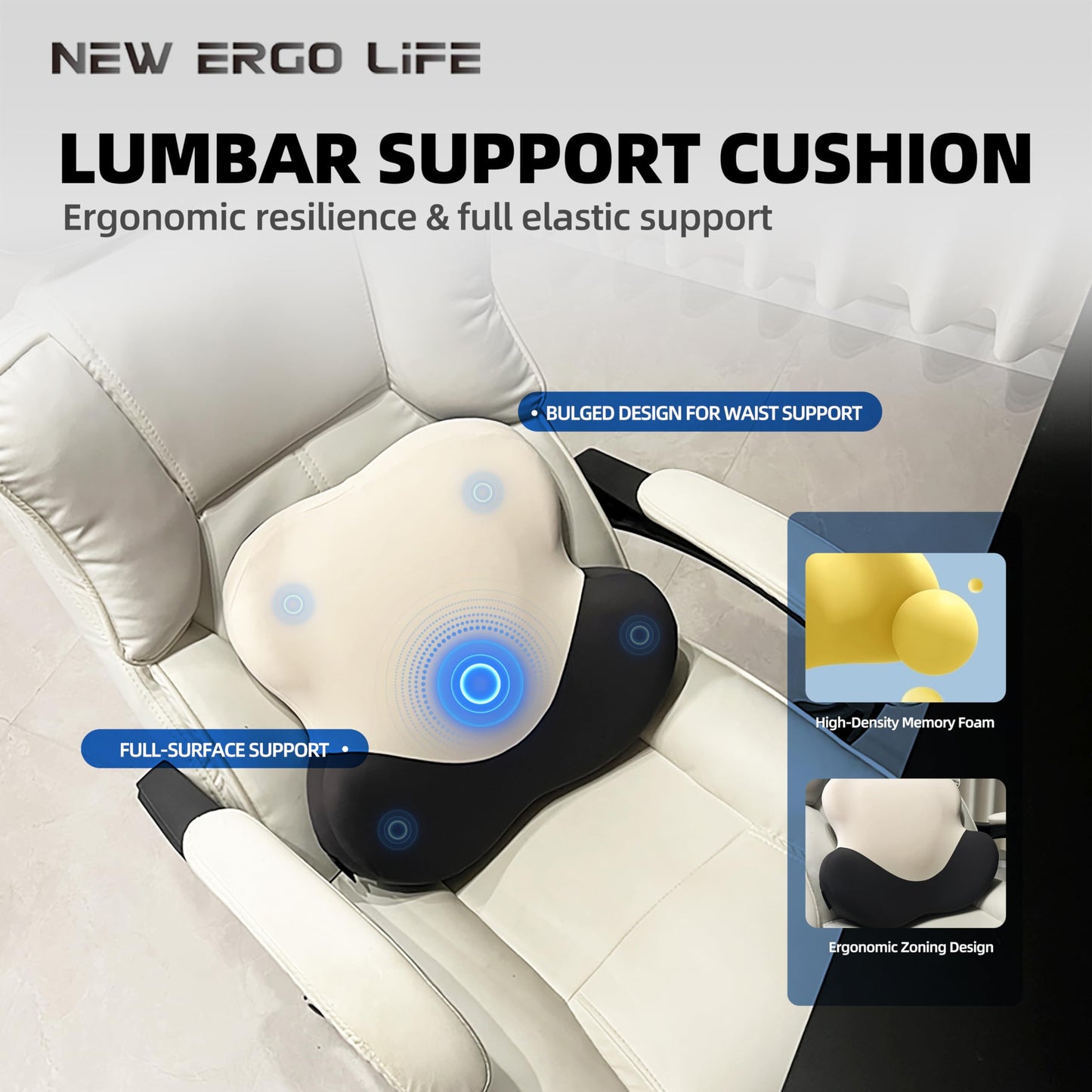 New Ergo Life Lumbar Support Cushion, Memory Foam Back Support for Pain Relief, Ergonomic Waist Cushion for Office Chair, Car Seat, and Home, Removable & Washable Cover