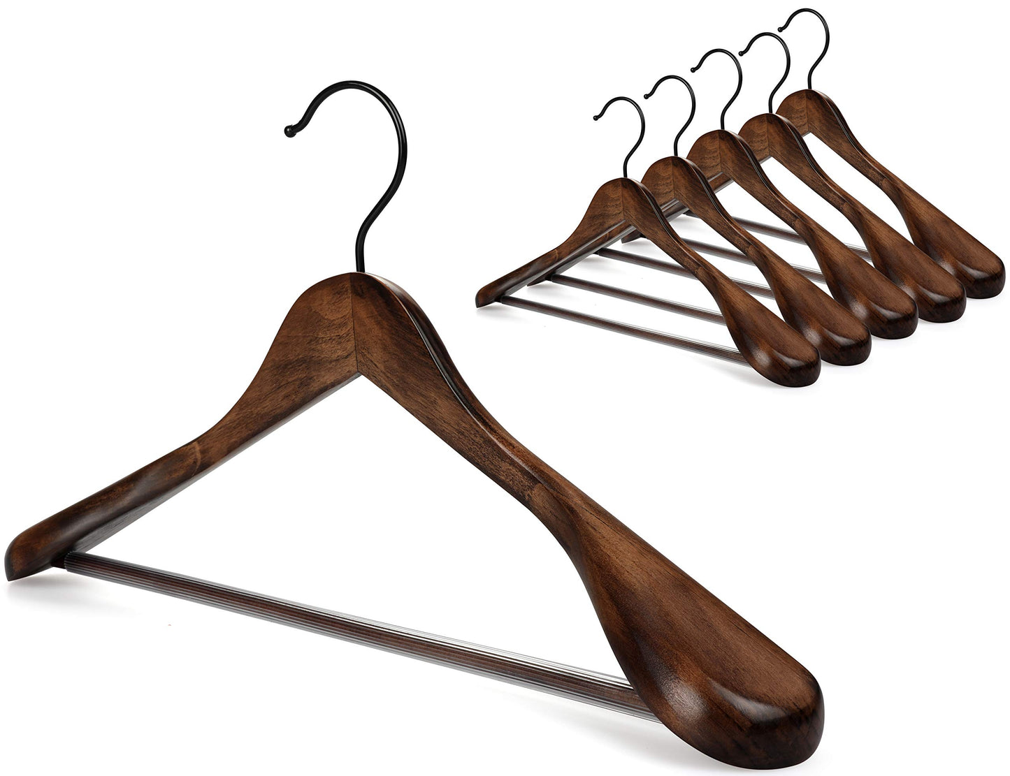 TOPIA HANGER Set of 6 Beautiful Coat Suit Jacket Wood Wooden Hangers, Premium Retro Finish with Extra-Wide Shoulder- 360° Black Hooks & Anti-Slip Bar CT02A