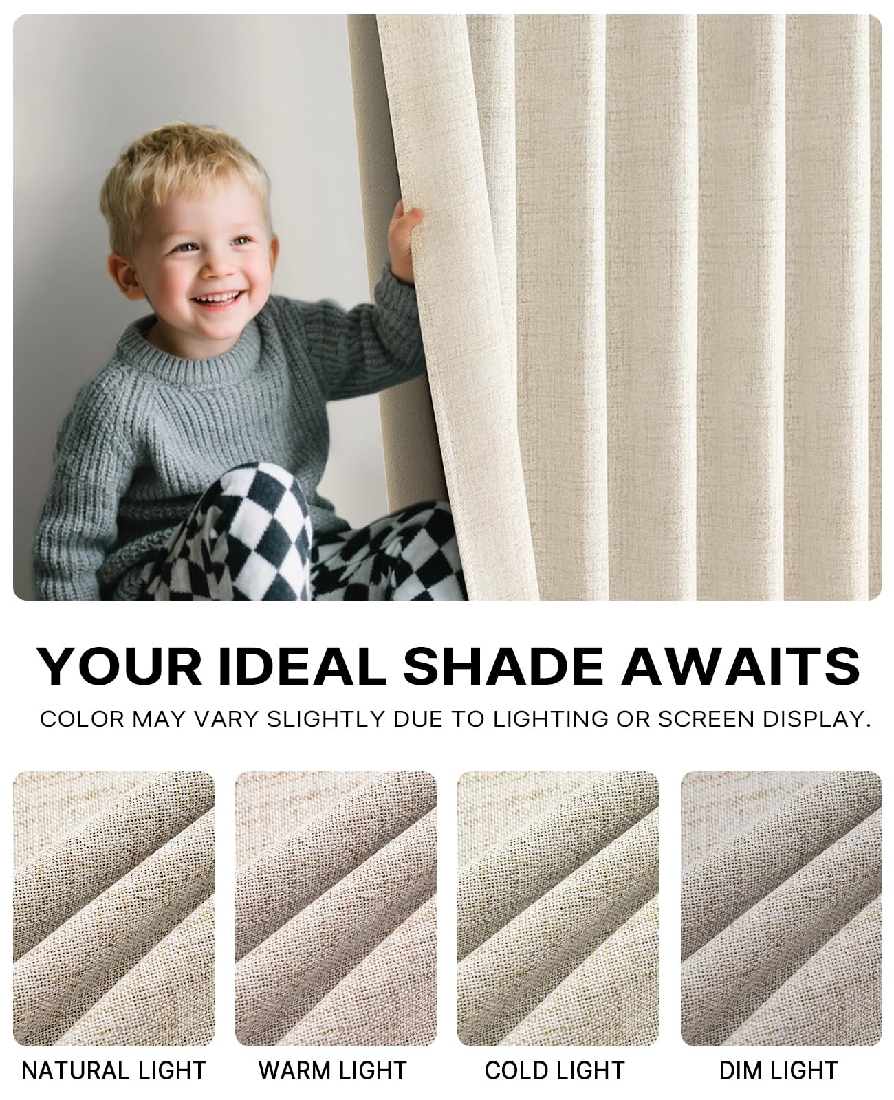 Gleantdeco 100% Blackout Bedroom Curtains-Thermal Insulated Room Darkening Window Drapes, 84" (7ft) 2 Panels, Natural Linen Blend Fabric with Boho Farmhouse Drapes with Back Tab Rod Pocket, Cream