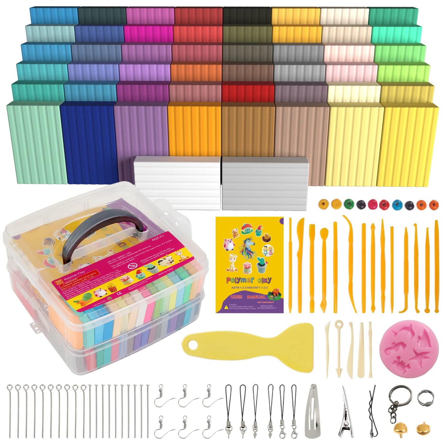 Polymer Clay 50 Colors, Modeling Clay for Kids DIY Starter Kits, Oven Baked Model Clay, Non-Sticky Molding Clays with Sculpting Tools, Gift for Children and Artists