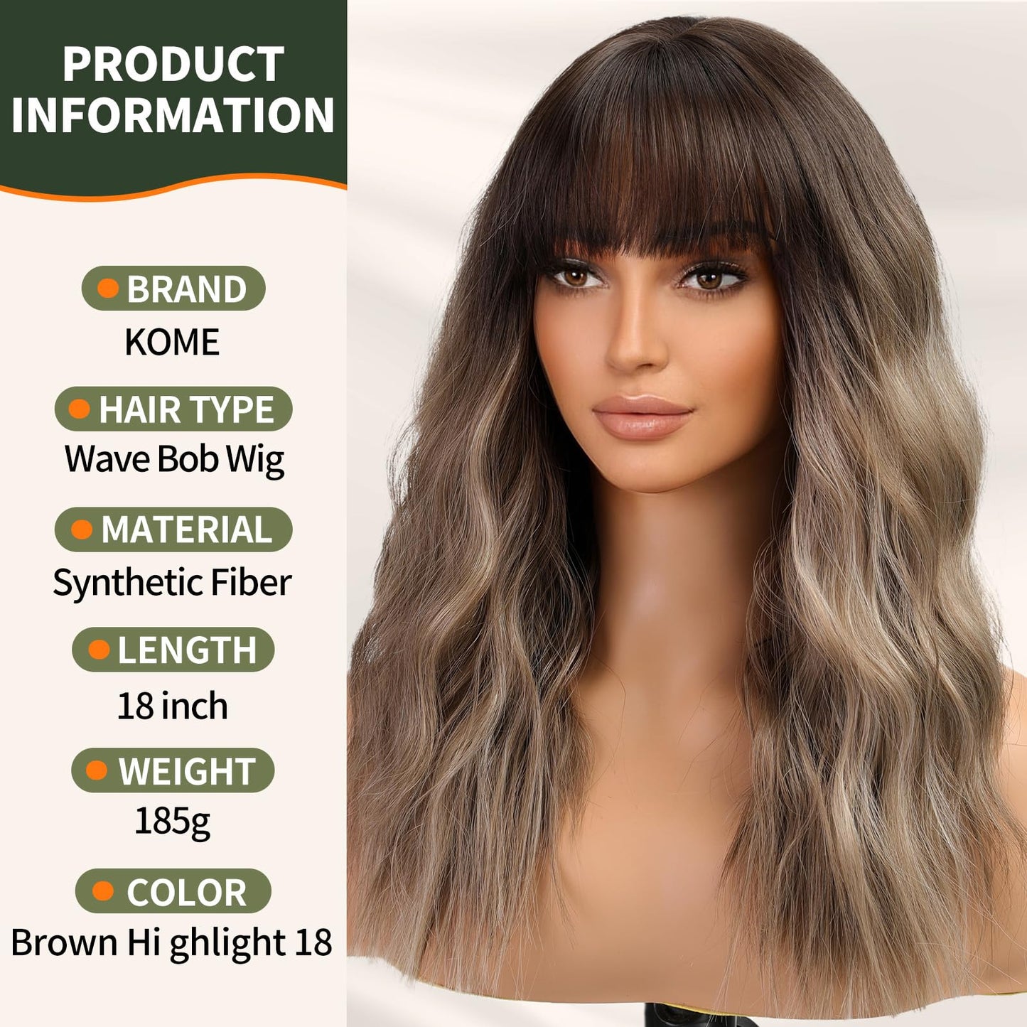 KOME Brown Wig with Bangs,Brown Highlight Wavy Wigs for Women,Shoulder Length Curly Synthetic Hair Wig for Party Daily Use 18IN…
