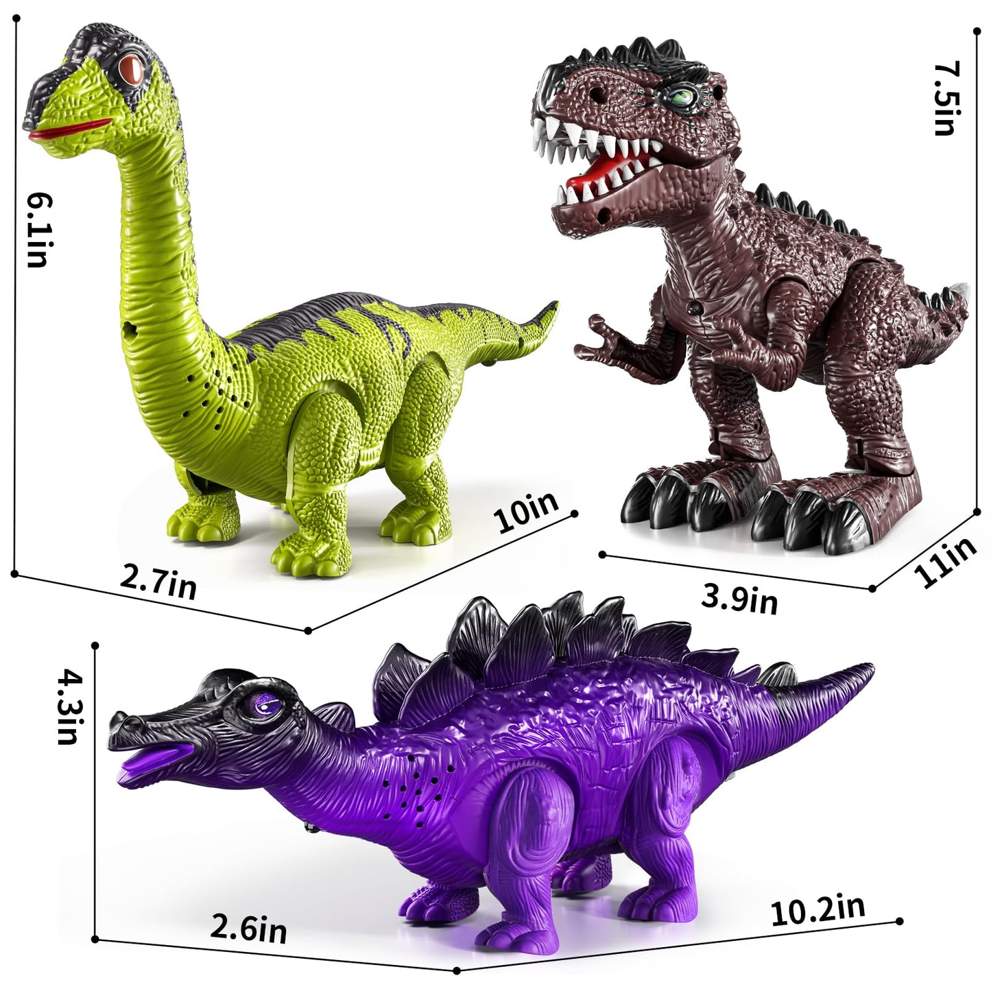 BLmukce 3-Pack Electronic Walking Dinosaur Toys for Toddlers 2-4, Moving Dinosaurs Toys with Lights, Roaring Sounds, T-Rex, Brachiosaurus & Stegosaurus, Xmas Birthday Gift for 2 3 4 5 6 Years Old Boys