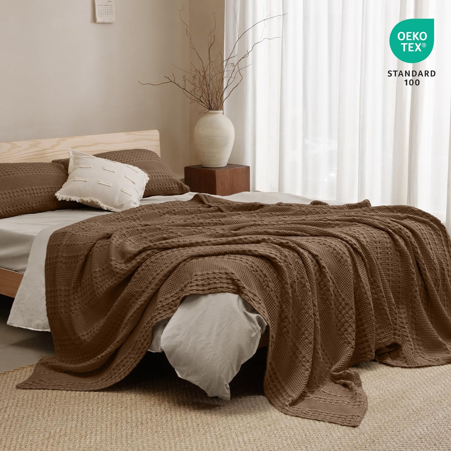 PHF 100% Cotton Waffle Weave Blanket, King Size Soft Breathable Bed Blanket for All Season, Perfect for Layering Couch Bed Sofa(108"x90", King Size, Chocolate)