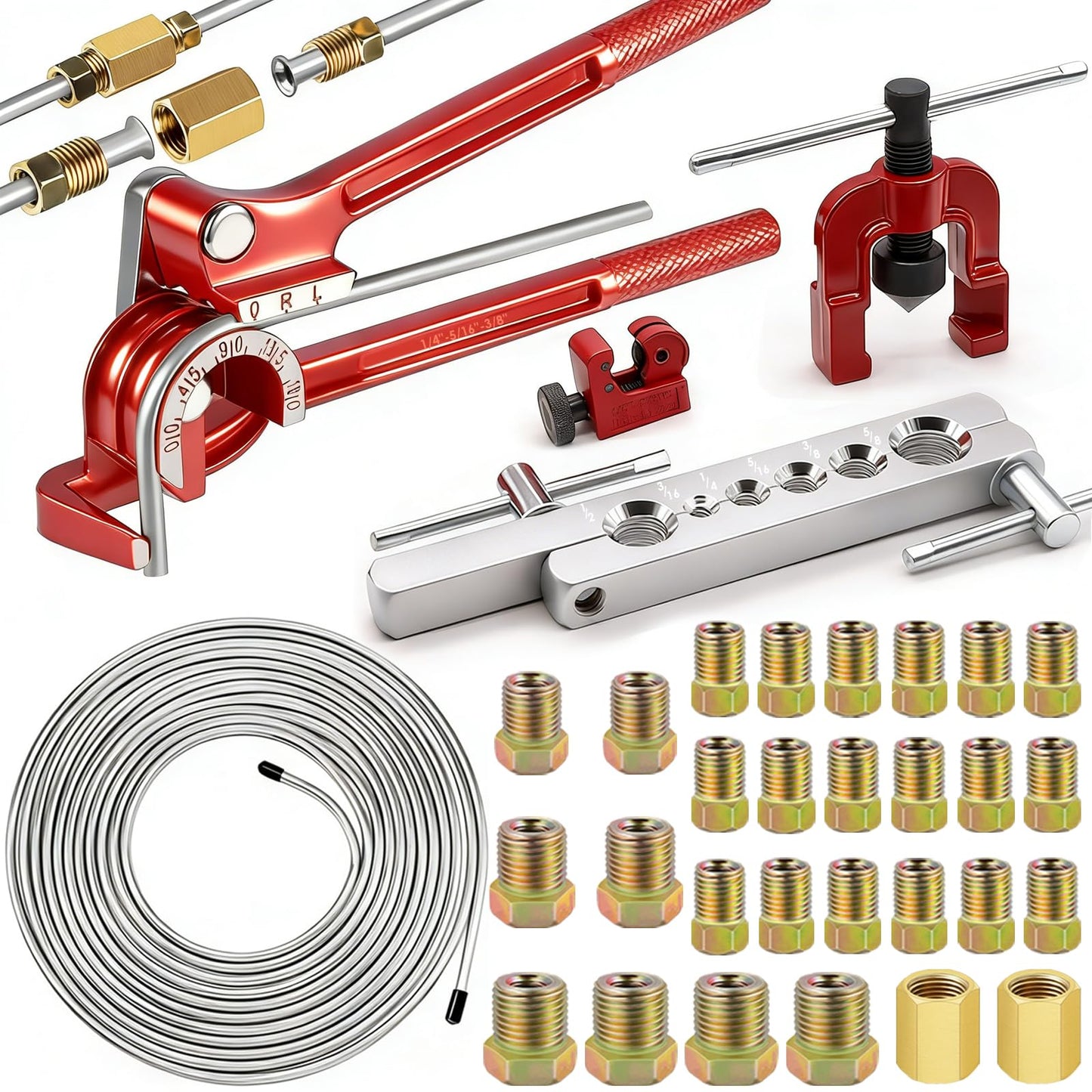 smseace 26Pack 3/16 Inch Brake line kit Include 25 FT Zinc-Plated Brake Lines with Fitting(16pcs Fittings,2pcs Union+4pcs Nut) Brake line Bender,Single Flare Tool,Cutter 3/16" Brake line kit