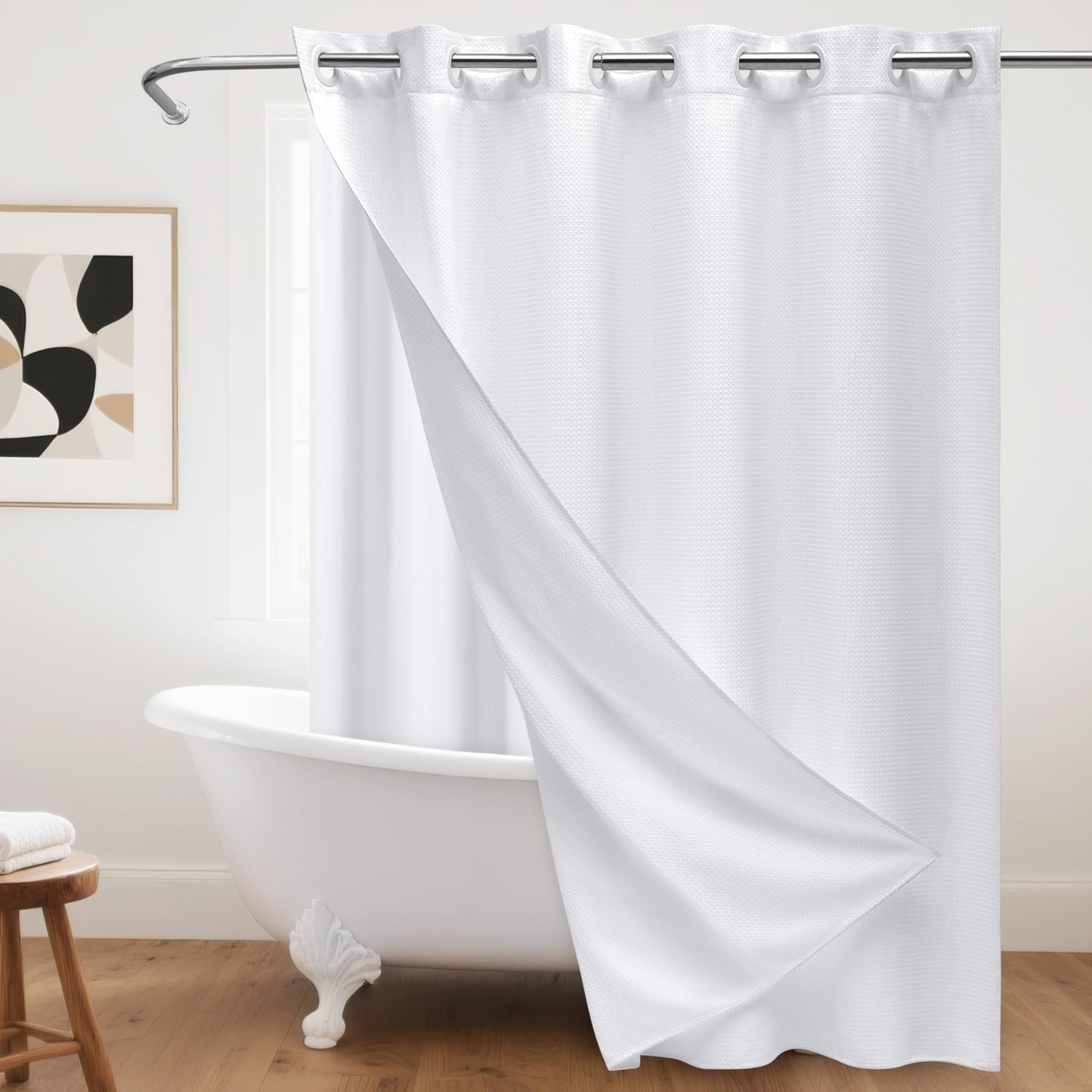 PILOTSHARK Hookless Waffle Weave Shower Curtain with Snap-in Fabric Liner,256GSM Heavy Duty Fabric Shower Curtain Set,White Waterproof Washable Luxury Shower Curtain for Bathroom Stall (72x75 Inch)
