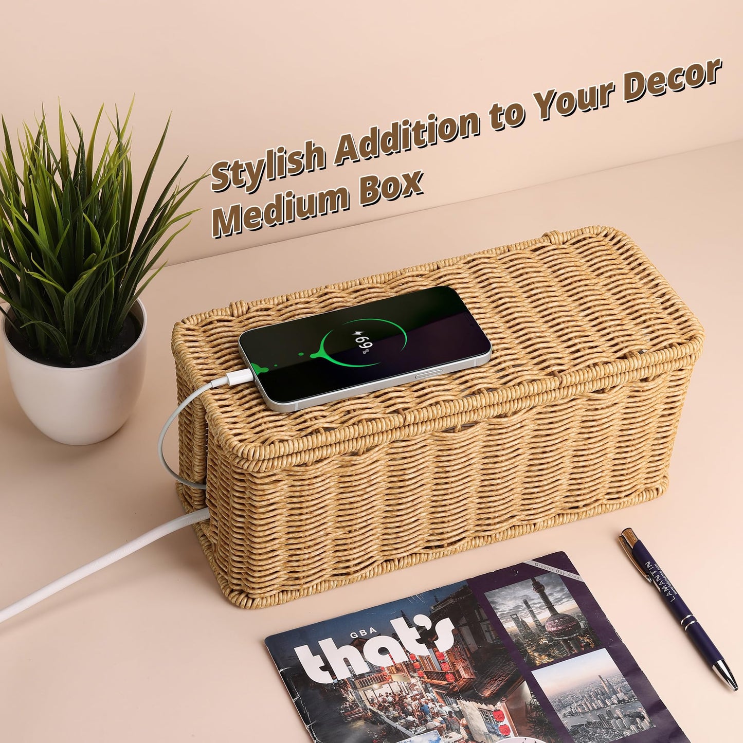 Handmade Cable Management Box Brown, Imitation Rattan Cord Organizer Box, Cord Hider, Cable Organizer for Desk, Wire Management to Hide Cords and Power Strip L12.5 W5.2 H5.5 in