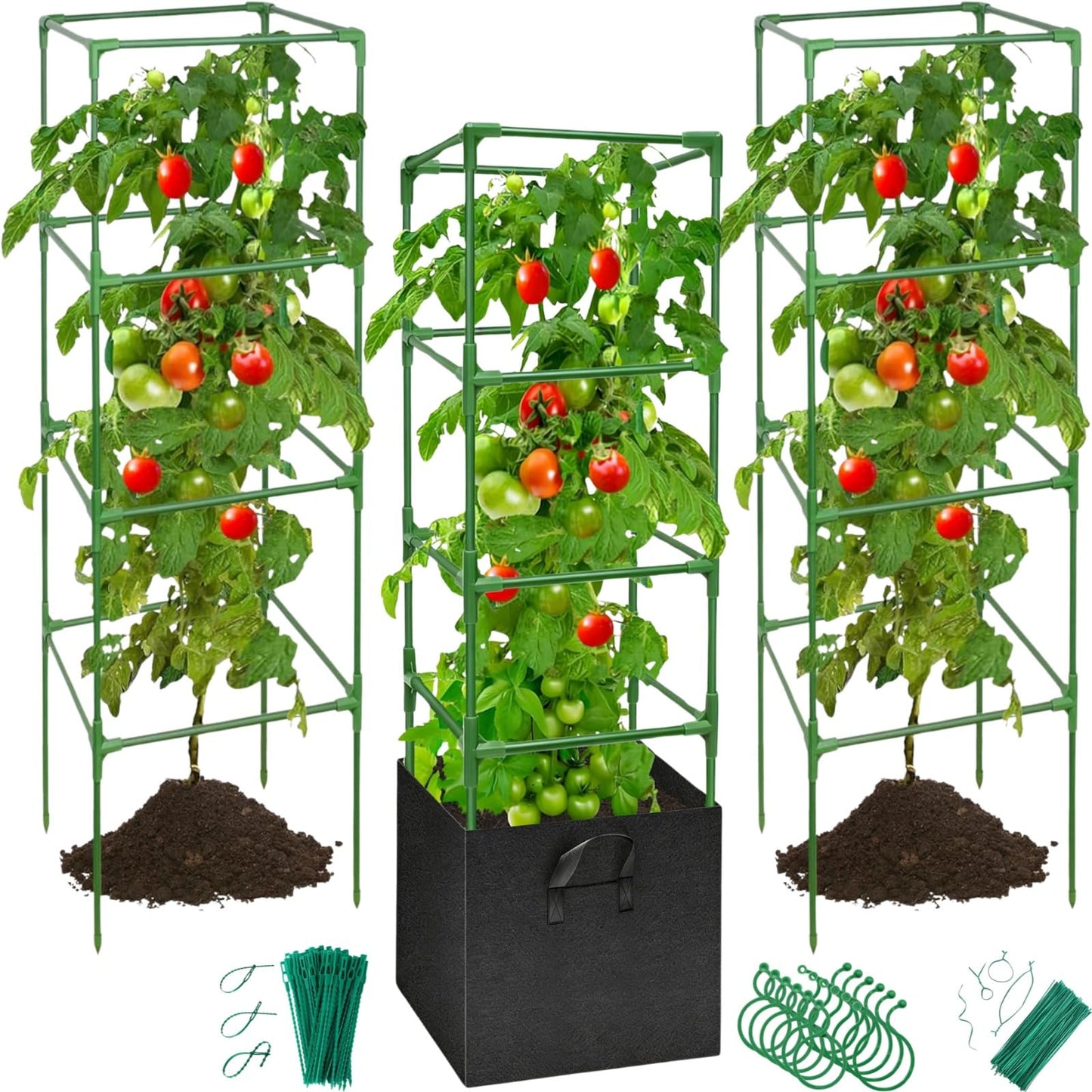 Glazeal 3 Pack Tomato Cages with 17 Gallon Grow Bag - 120cm Square Plant Support Trellis Tomato Planter Pots Kit - Garden Stakes for Vertical Climbing Plants Vegetable Flower Fruit Outdoor Indoor