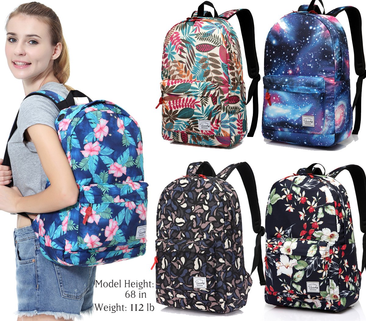 Backpack for Women, VASCHY Water Resistant Fashion Floral 15.6 inch Laptop School Bookbag for Girls Casual Daypack Travel Rucksack with Padded Laptop Sleeve (Navy Floral Blooms)
