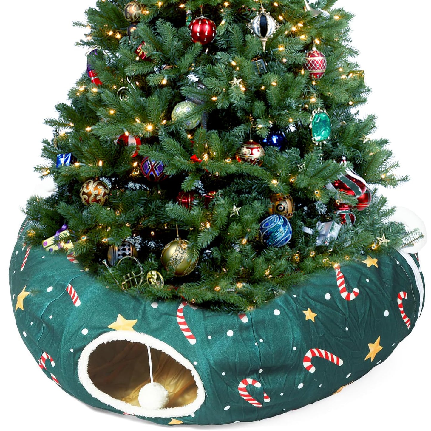 LUCKITTY Cat Tunnel Bed in Christmas Style with Star, Crutches Candy, and Snowflakes Patterns - 3FT x 3FT x 9.8 INCH Size Green Decorative for Festive Felines