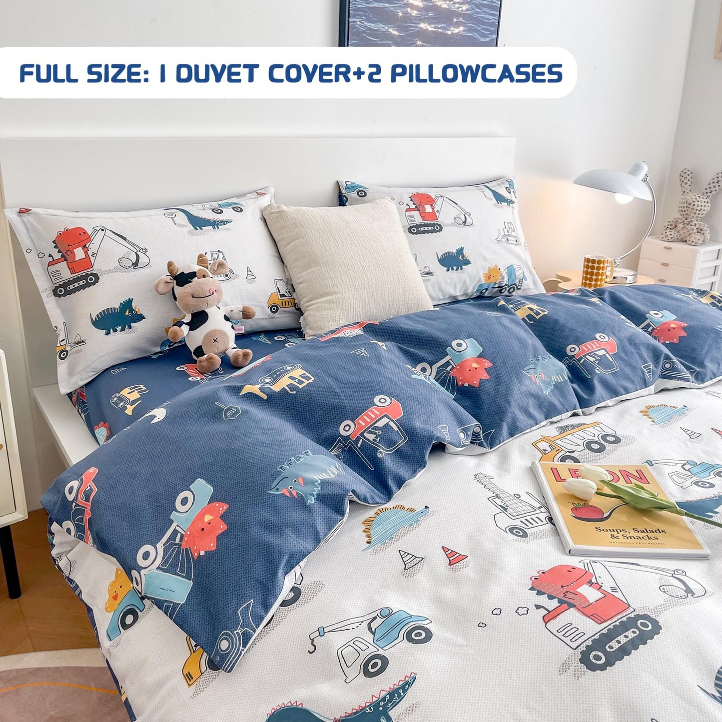 DJY Dinosaur Kids Duvet Cover Set Full Size, 100Percent Cotton Dino Truck Car Bedding Set for Boys Girls, 3 Pieces Reversible Dinosaur Comforter Cover Set (1 Duvet Cover+2 Pillowcases)