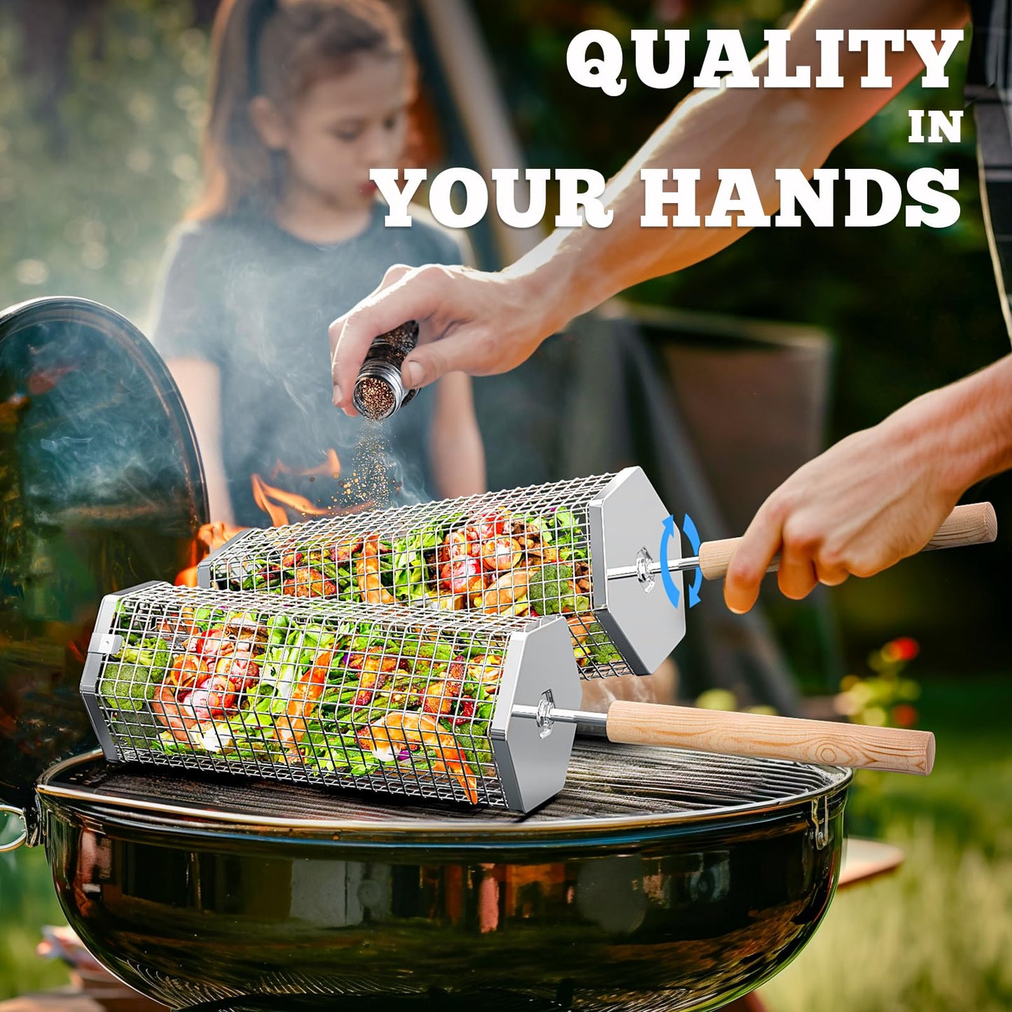 ivtivfu Rolling Grill Basket, Removable Wooden Handle, 304 Stainless Steel, Nesting BBQ Tools, Smoker Grilling Accessories for Vegetable, Outdoor Cooking Camping, Birthday Gifts for Men Dad Husband