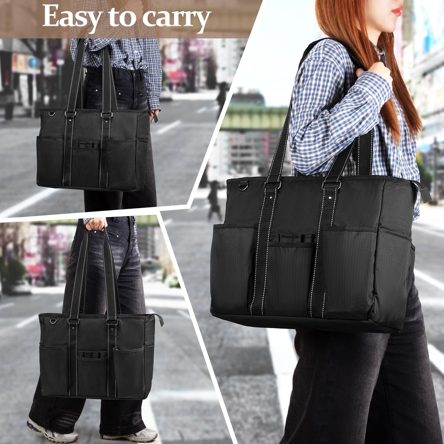 Damero Teacher Tote Bag with Padded Laptop Sleeve, Teacher Work Bag Utility Bag for School, Black